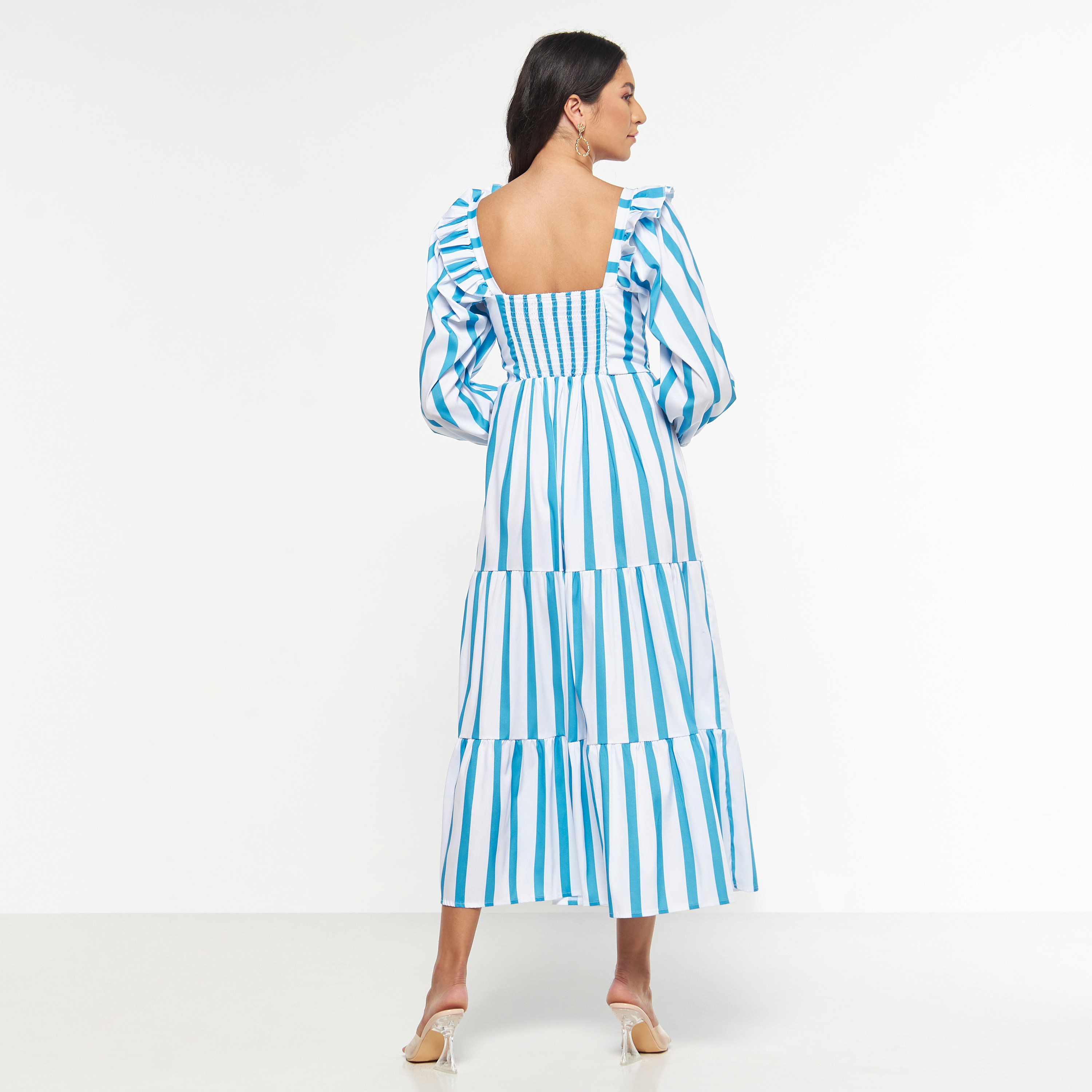 FYOR Striped Tiered Dress with Square Neck and 3/4 Sleeves-women-clothing-dresses-image-3