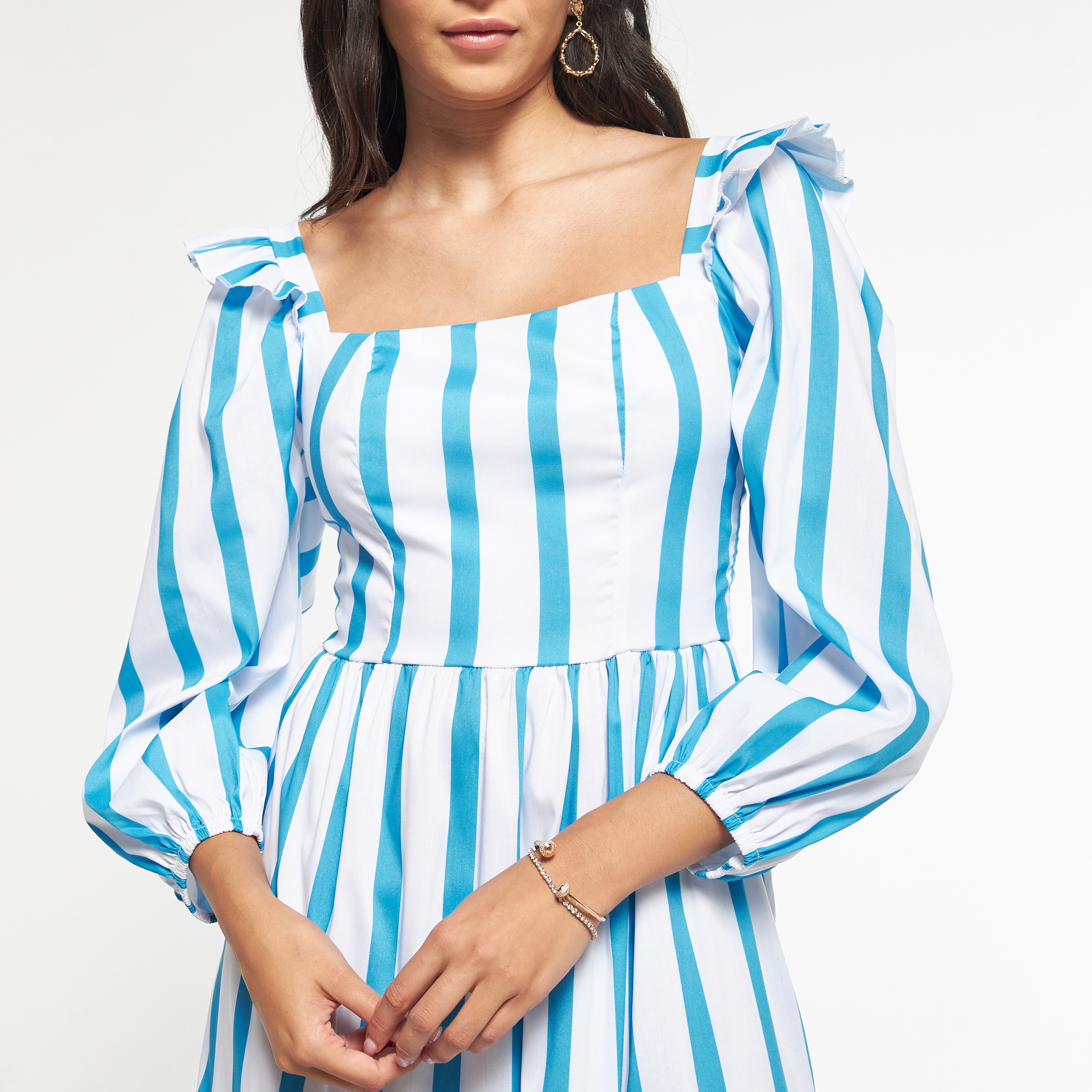 فستان مخطط متعدد الطبقات بأكمام 3/4 وياقة مربعة من فيو-women-clothing-dresses-image-4