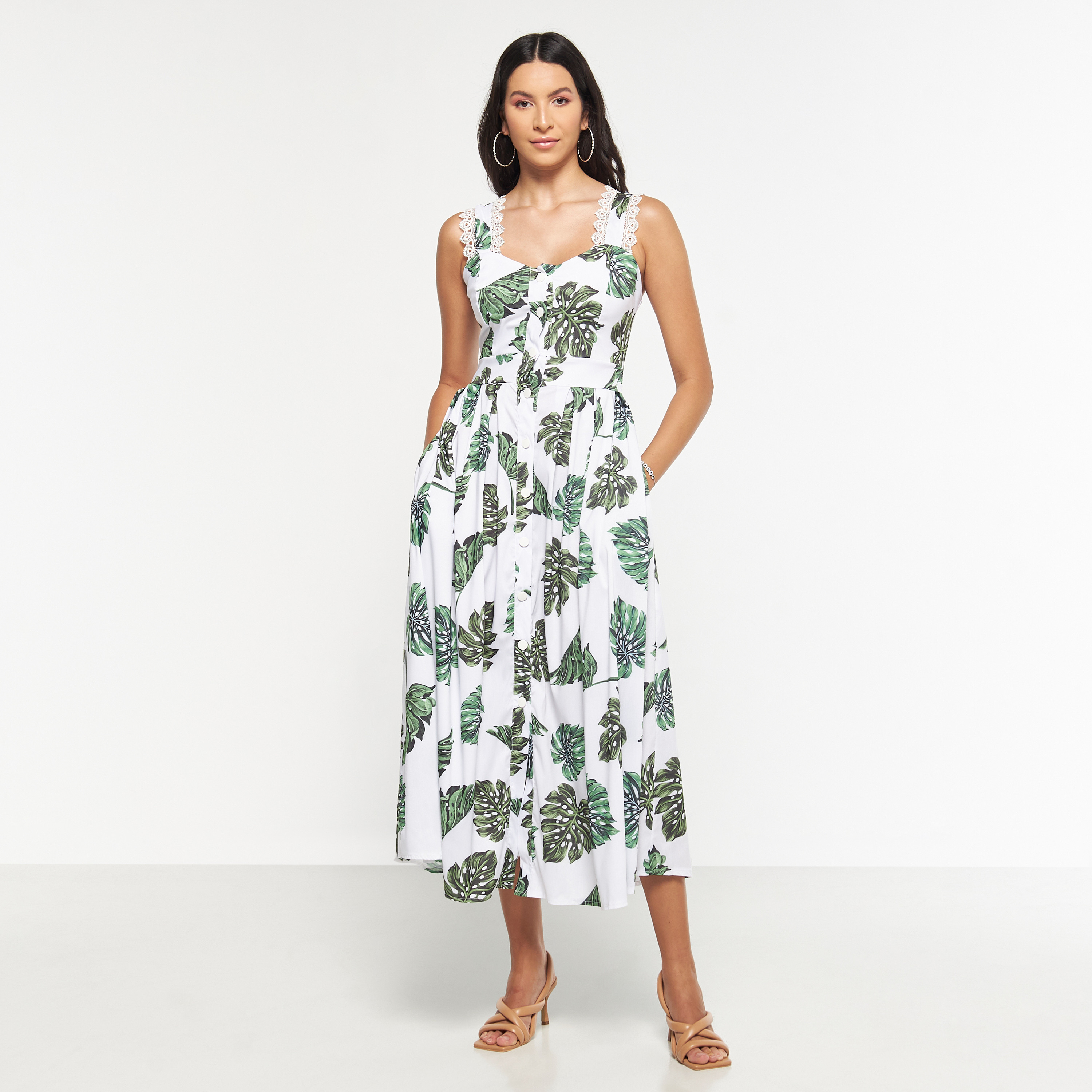 FYOR Leaf Print Sleeveless Dress with Sweetheart Neck and Lace Detail-women-clothing-dresses-image-1