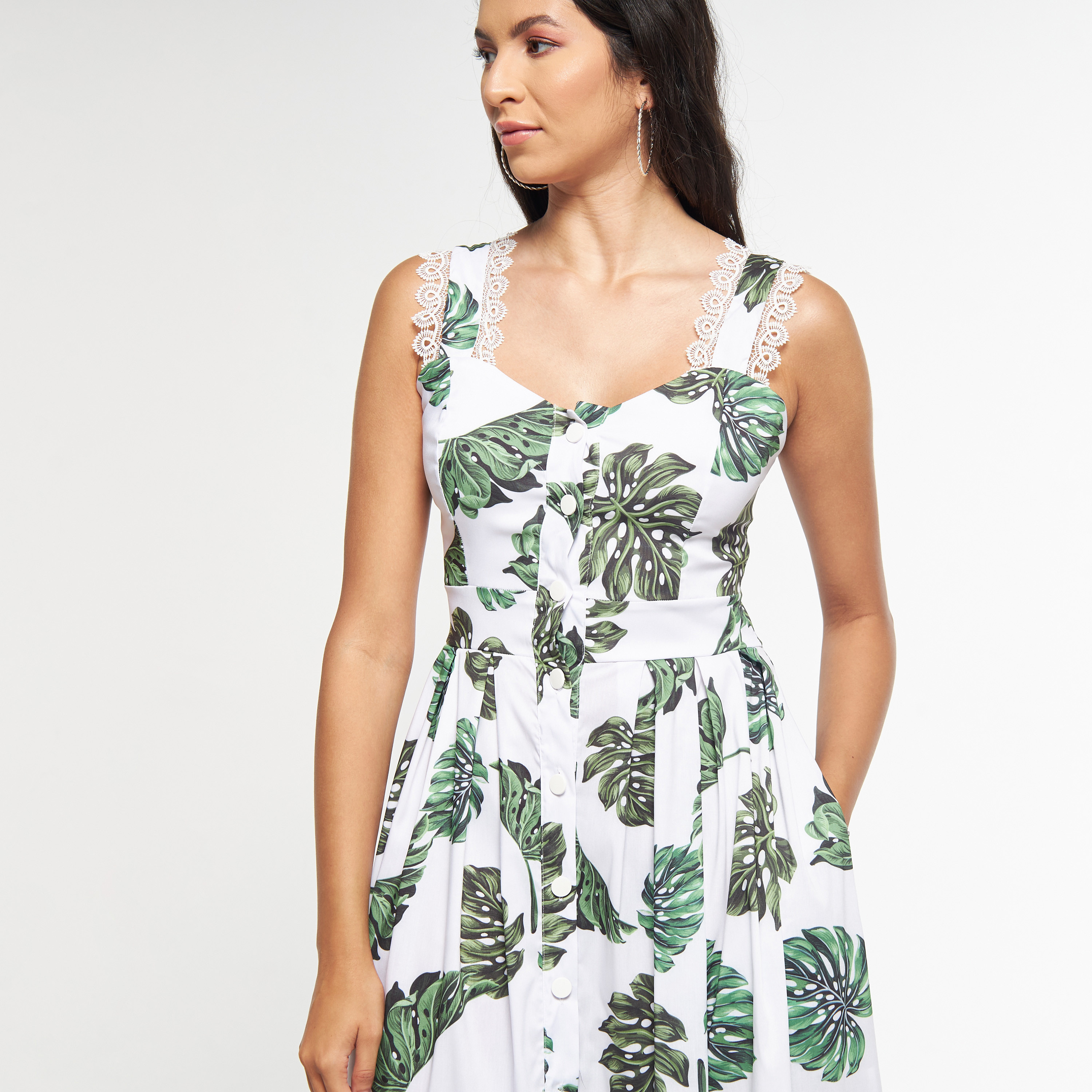 FYOR Leaf Print Sleeveless Dress with Sweetheart Neck and Lace Detail-women-clothing-dresses-image-2
