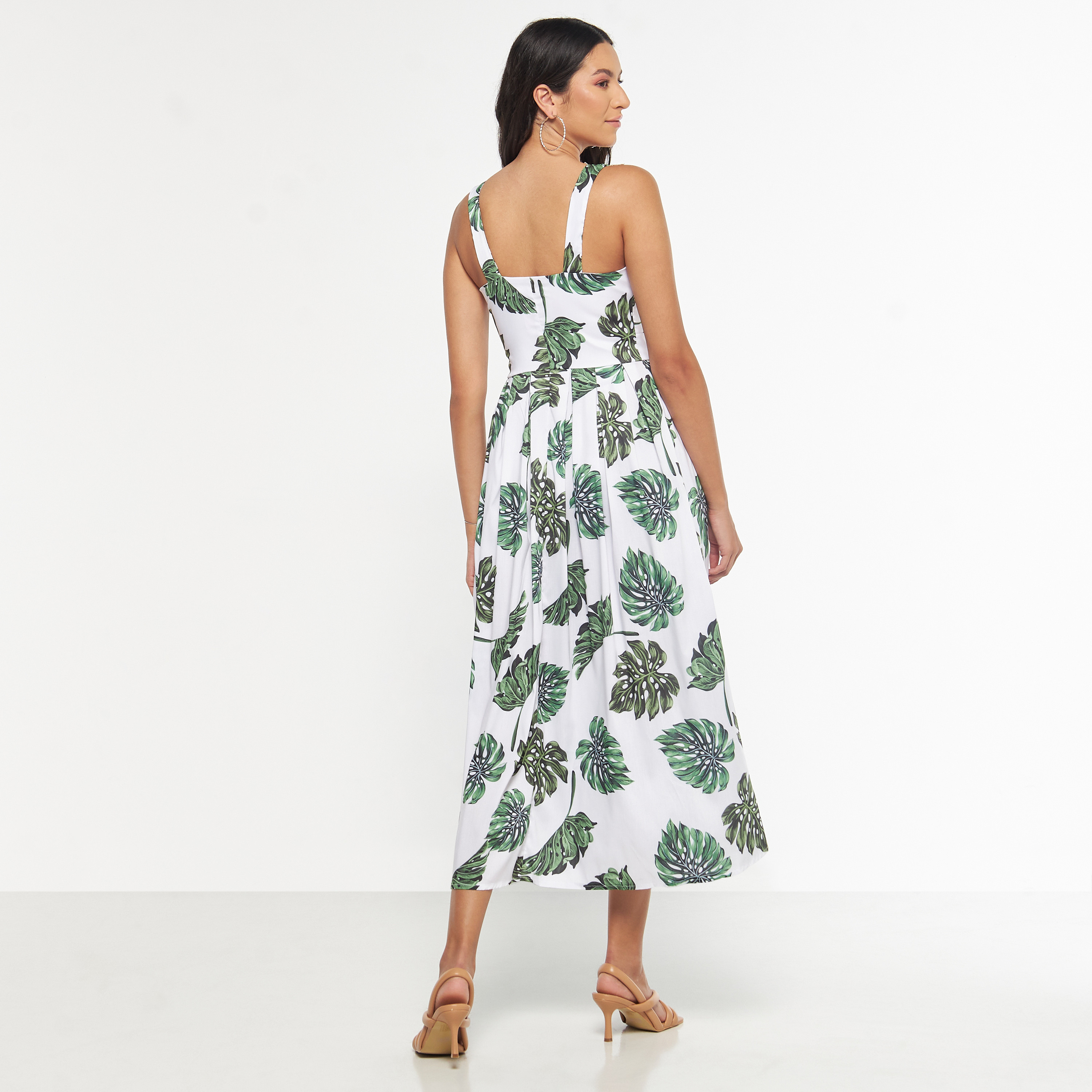 FYOR Leaf Print Sleeveless Dress with Sweetheart Neck and Lace Detail-women-clothing-dresses-image-3