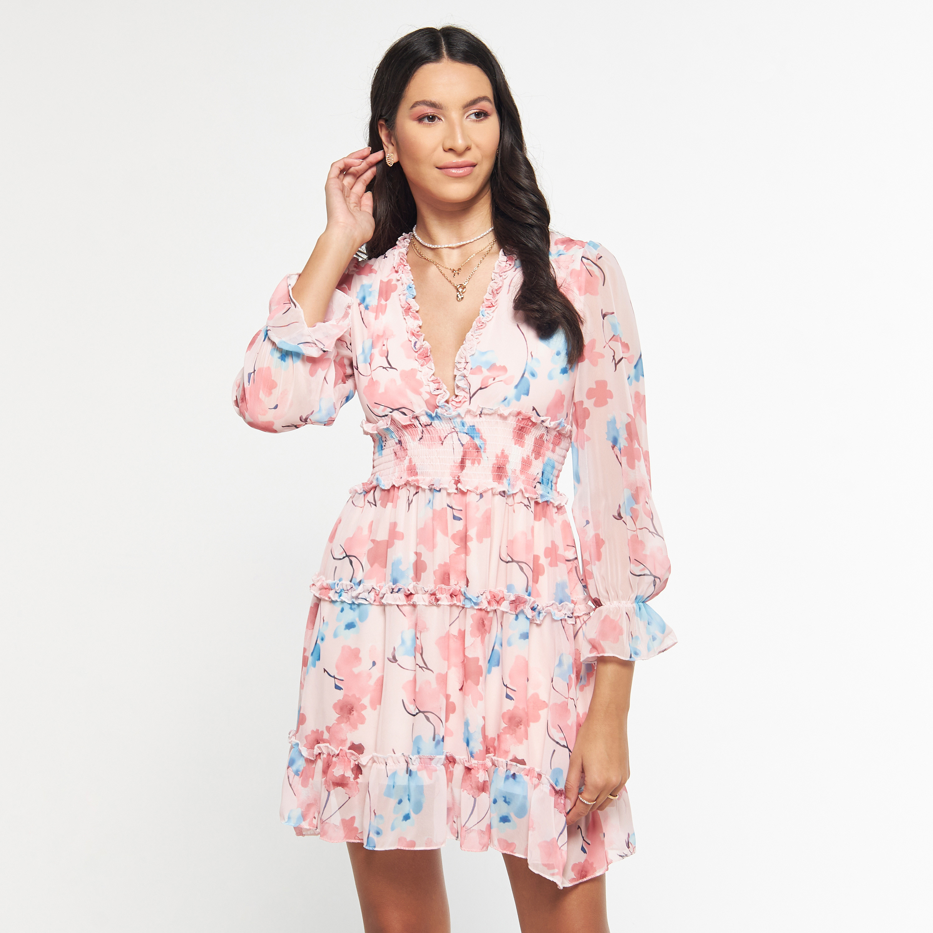 فستان متعدد الطبقات بياقة v وأكمام طويلة وطبعات أزهار من فيور-women-clothing-dresses-image-5