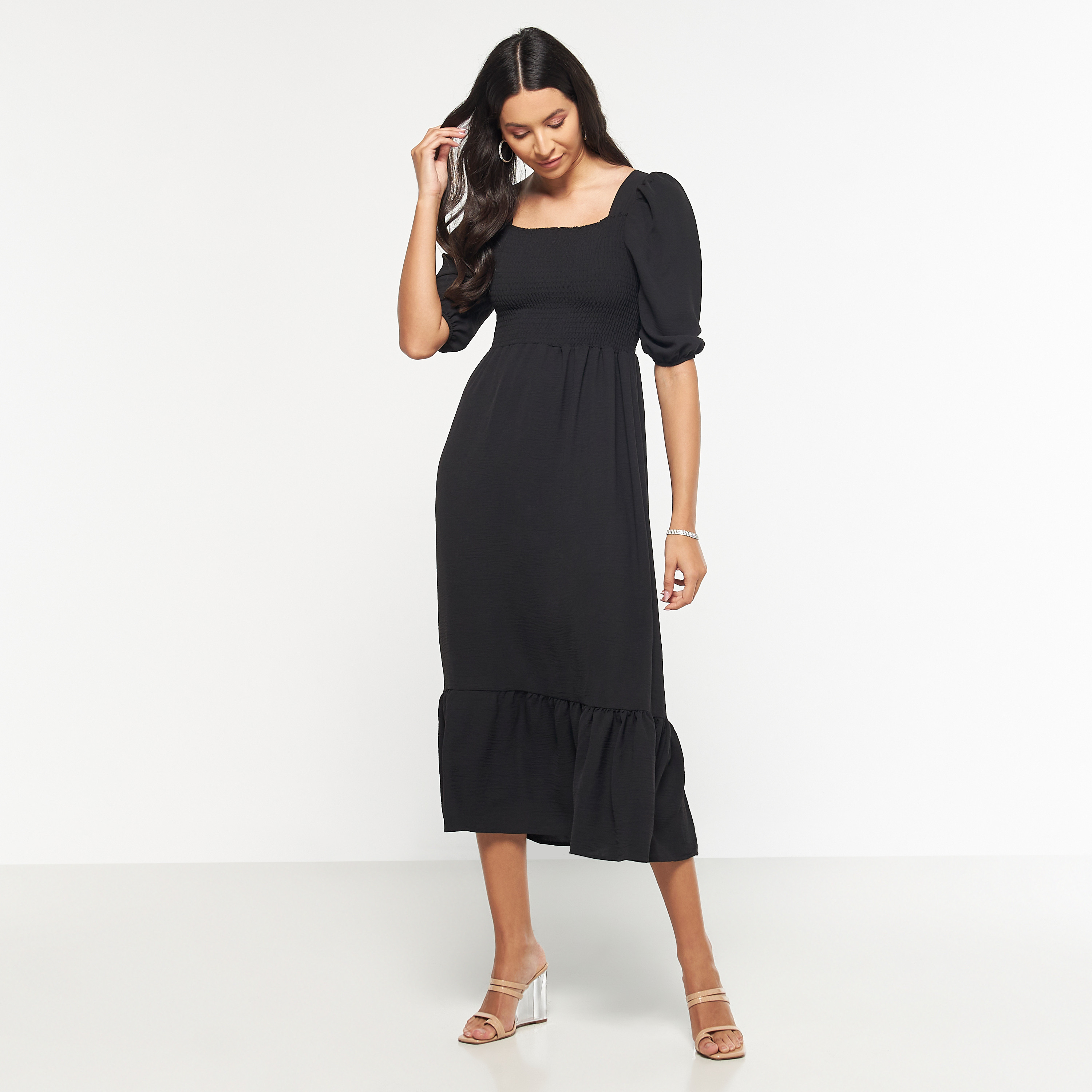 FYOR Fit and Flare Midi Dress with Puff Sleeves-women-clothing-dresses-image-10