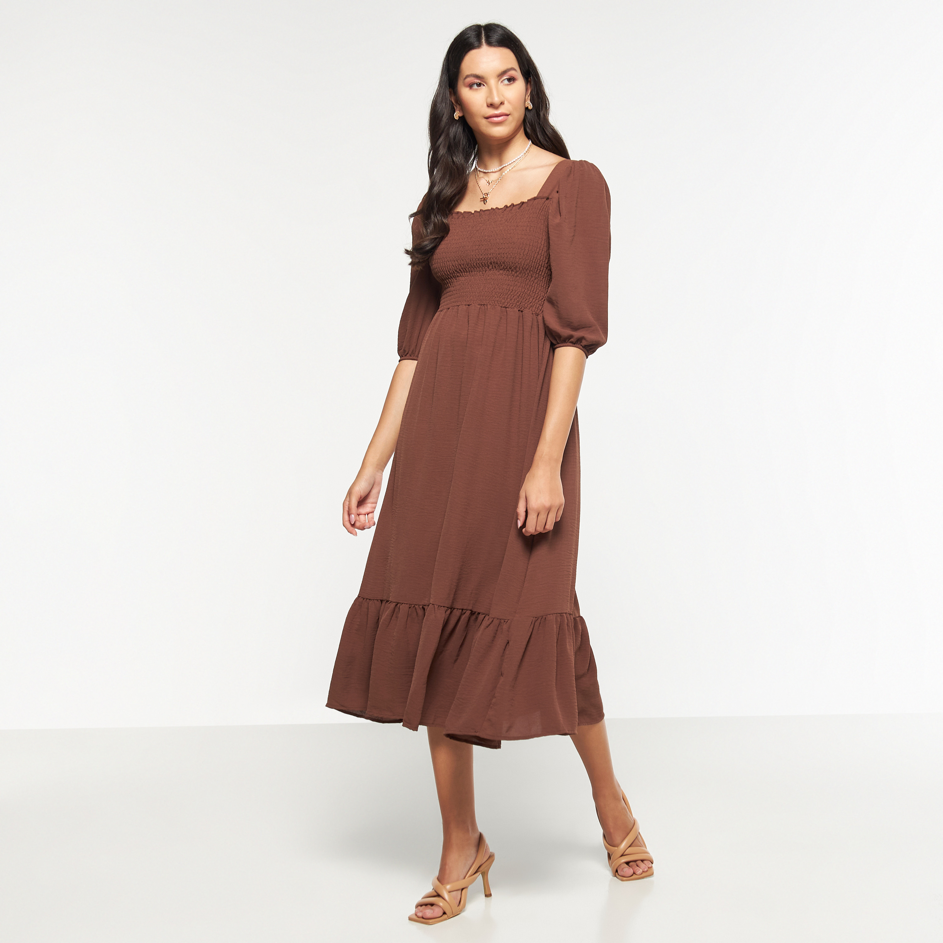 FYOR Fit and Flare Midi Dress with Puff Sleeves-women-clothing-dresses-image-1