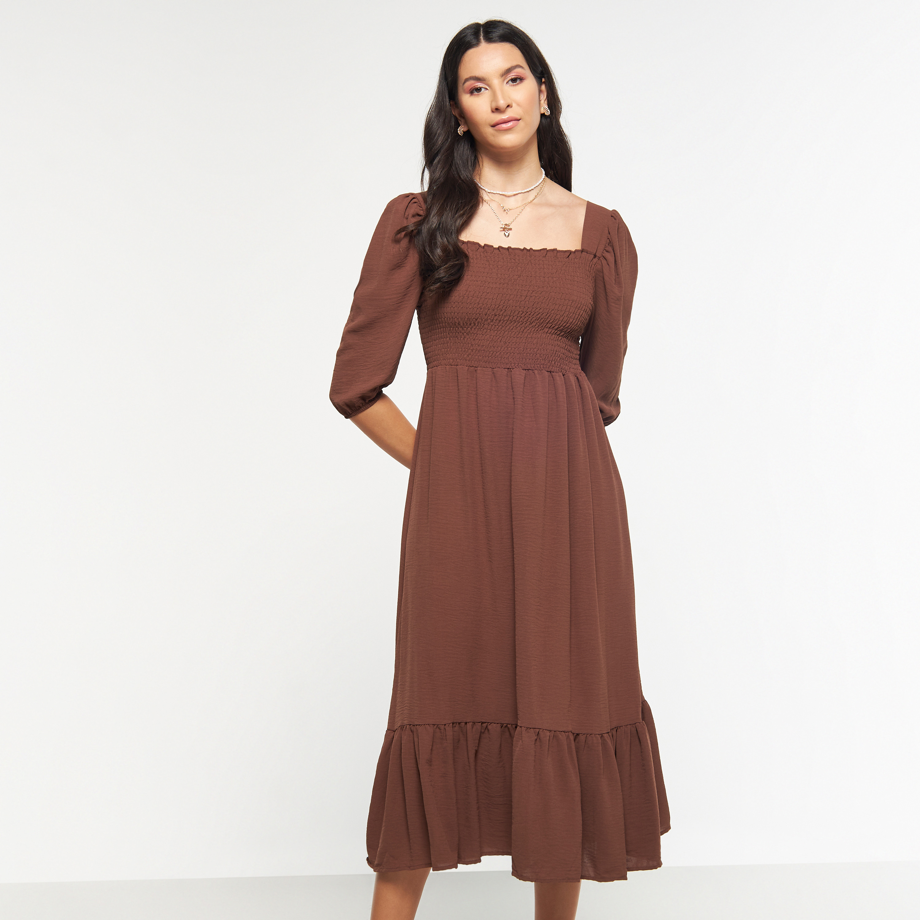 FYOR Fit and Flare Midi Dress with Puff Sleeves-women-clothing-dresses-image-2