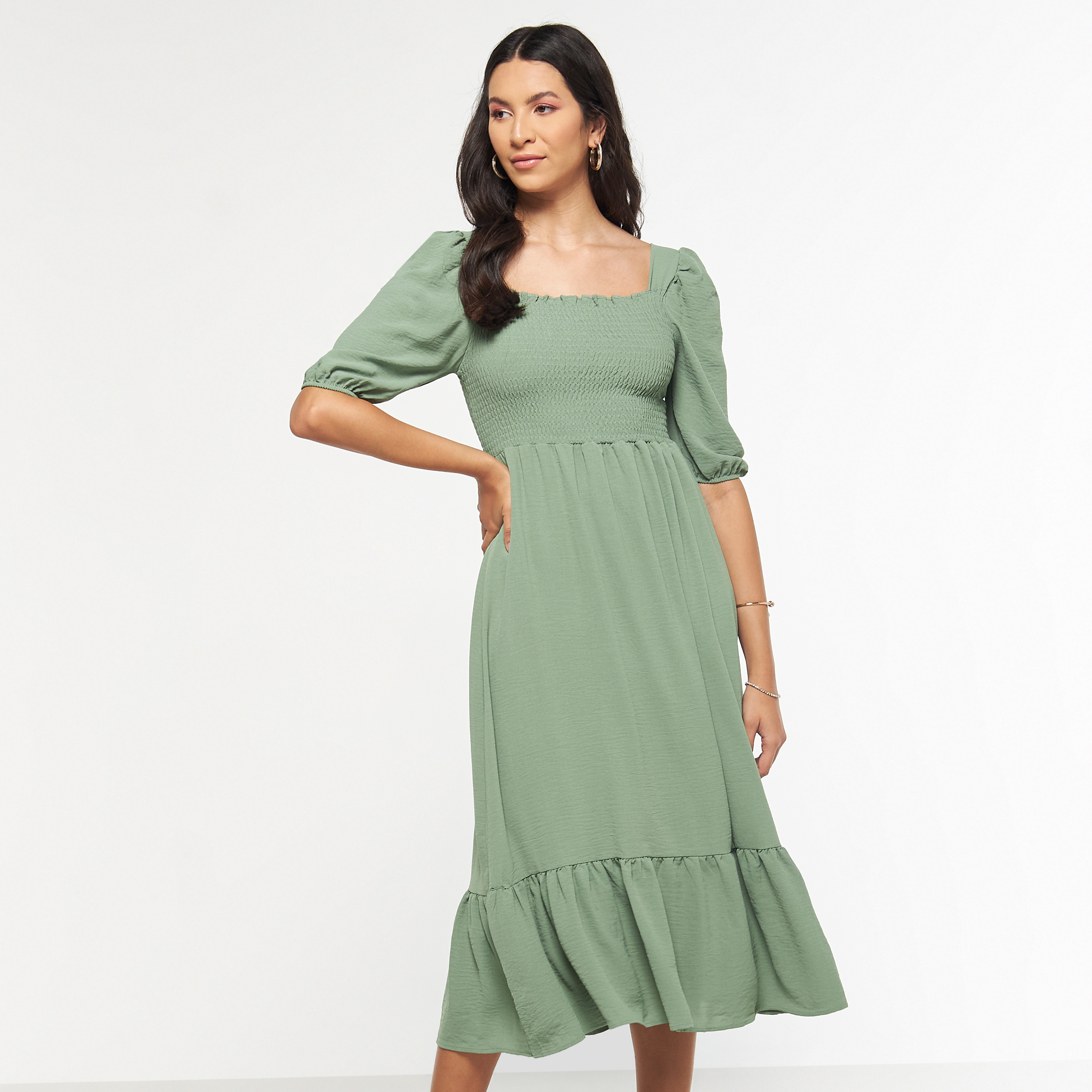 FYOR Fit and Flare Midi Dress with Puff Sleeves-women-clothing-dresses-image-5