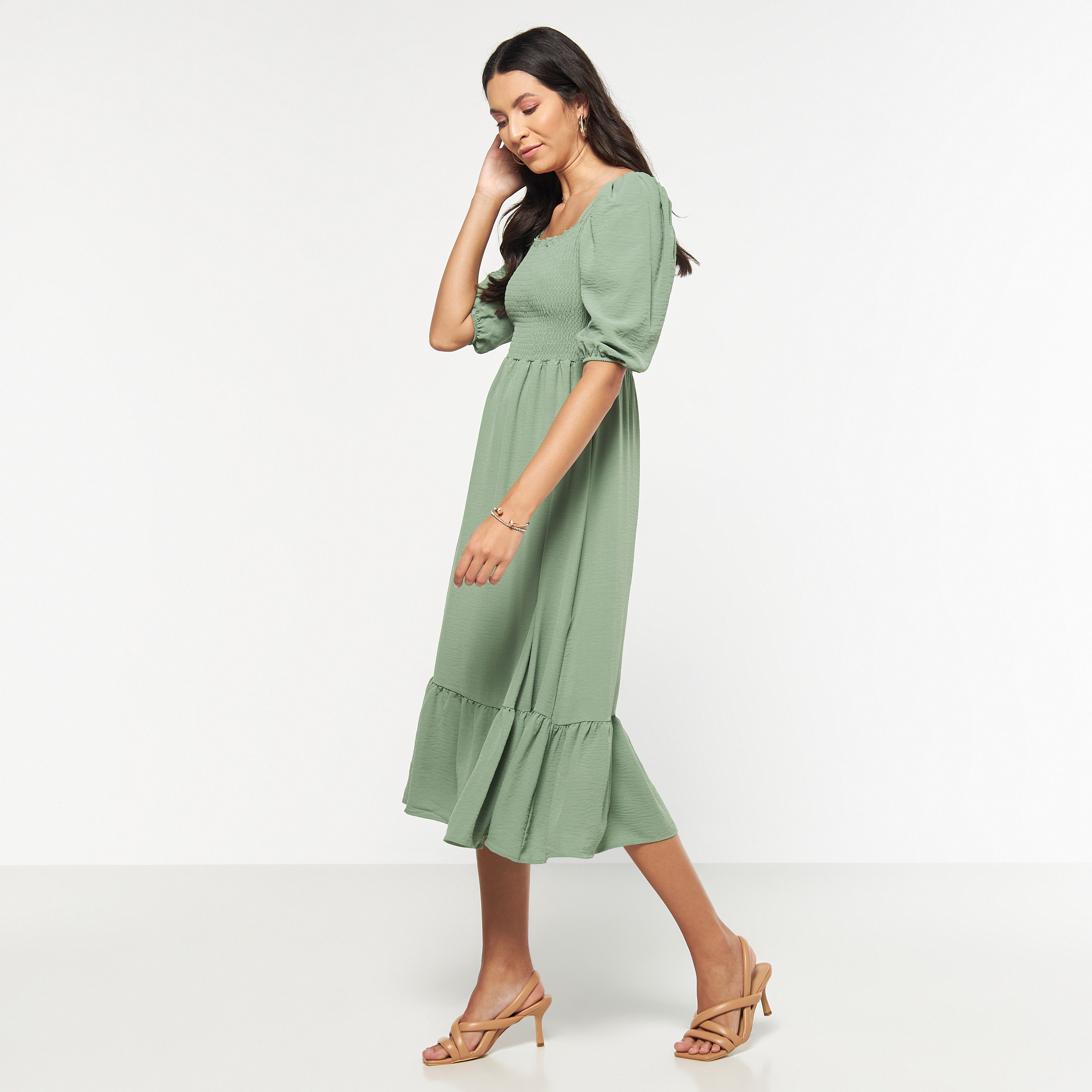 FYOR Fit and Flare Midi Dress with Puff Sleeves-women-clothing-dresses-image-6
