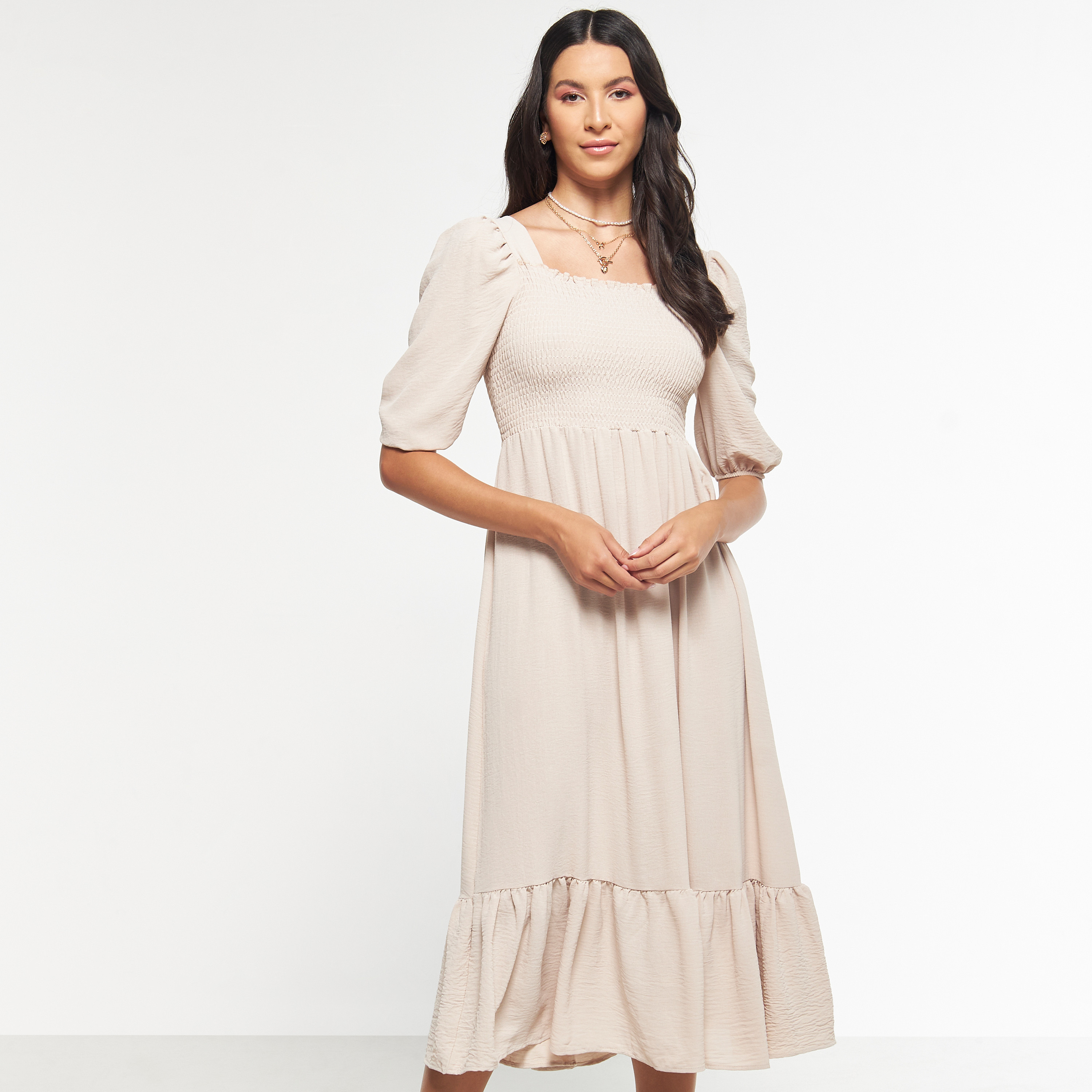 FYOR Fit and Flare Midi Dress with Puff Sleeves-women-clothing-dresses-image-13