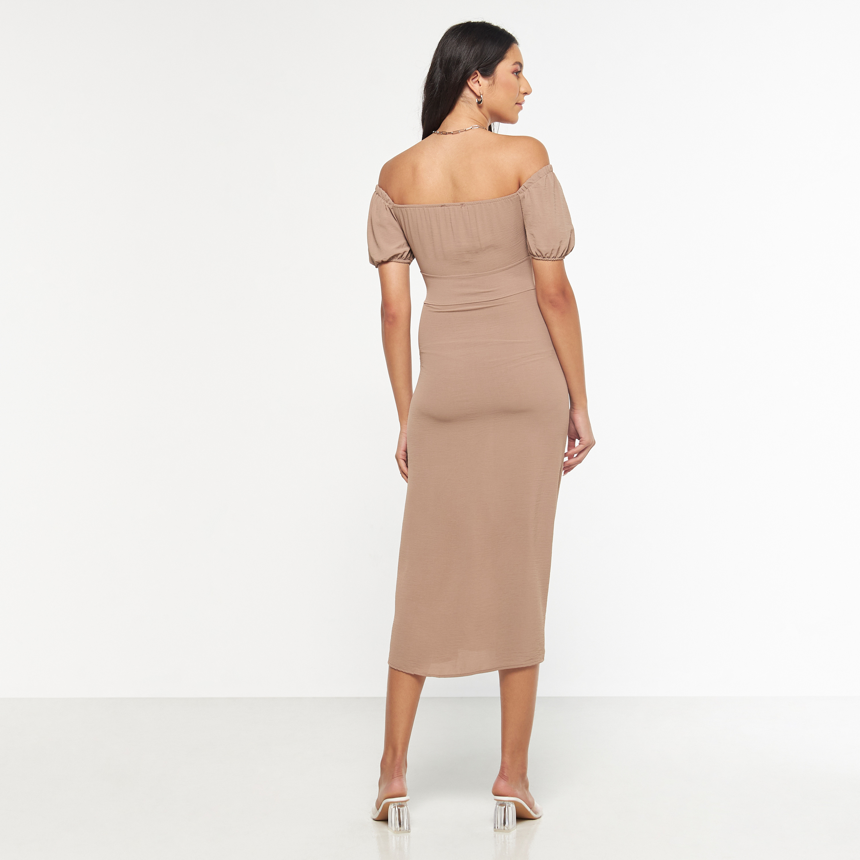 فستان سادة بأكتاف مكشوفة ورباط وحزام جانبي من فيور-women-clothing-dresses-image-3
