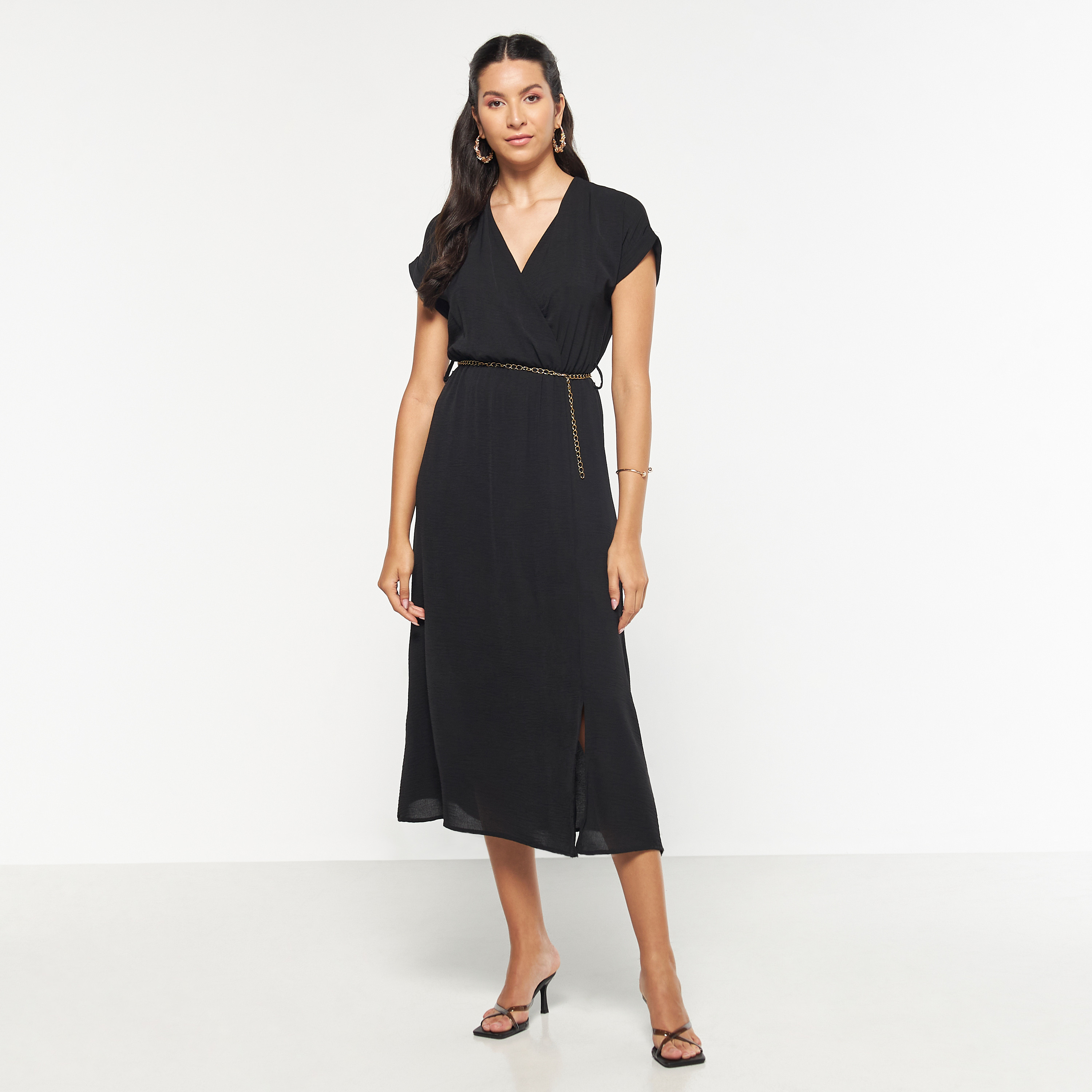 FYOR Solid V-neck Dress with Extended Sleeves and Elasticated Waistband-women-clothing-dresses-image-1