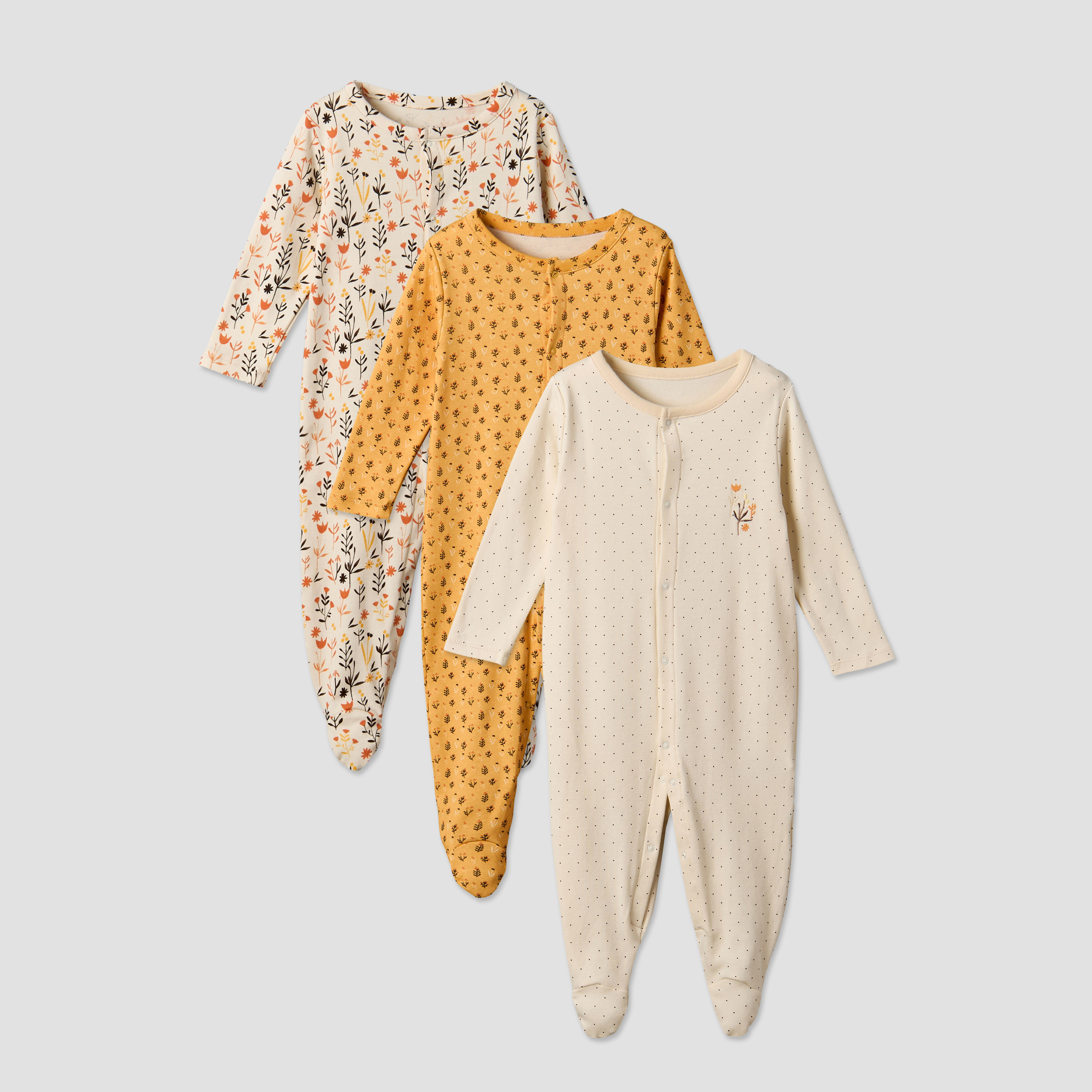 Pack of 3 Juniors Cotton Round Neck Long Sleeve Sleepsuit with Floral Print-baby-girls-clothing-nightwear-sleepsuits-image-2