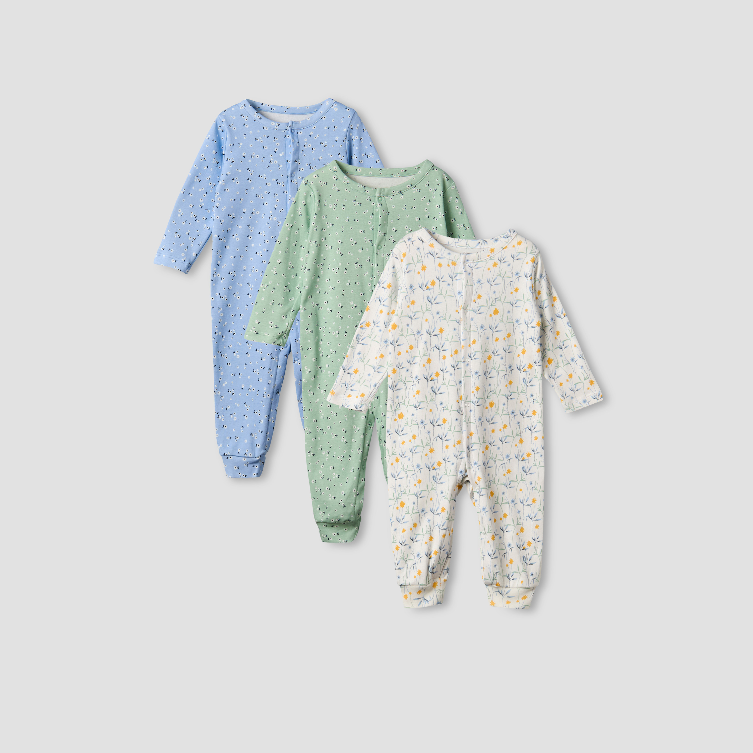 Pack of 3 Juniors Cotton Round Neck Long Sleeves Sleepsuit with Floral Print-baby-girls-clothing-nightwear-sleepsuits-image-2
