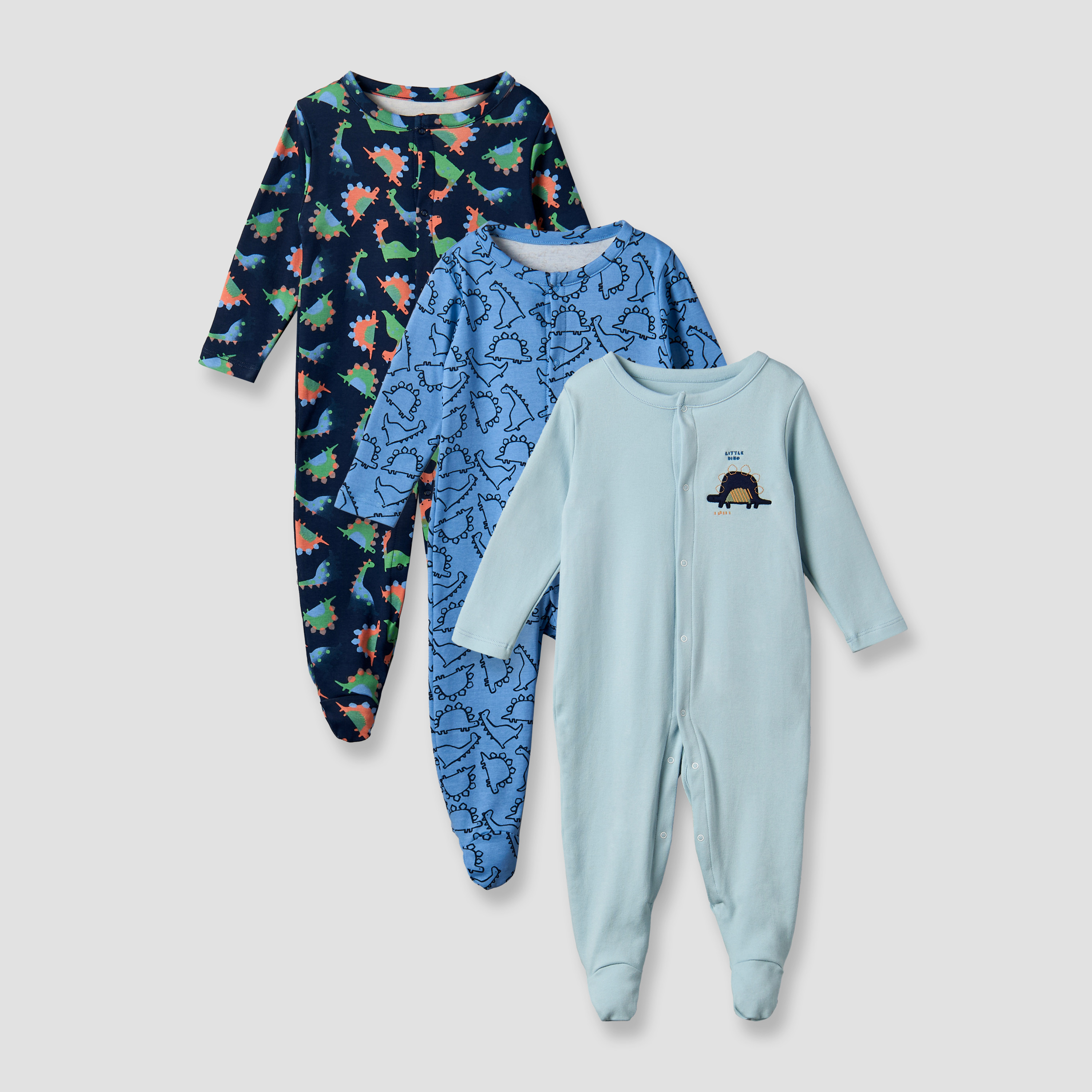 Pack of 3 Juniors Cotton Round Neck Long Sleeves Sleepsuit with Dinosaur Print-baby-boys-clothing-nightwear-sleepsuits-image-1