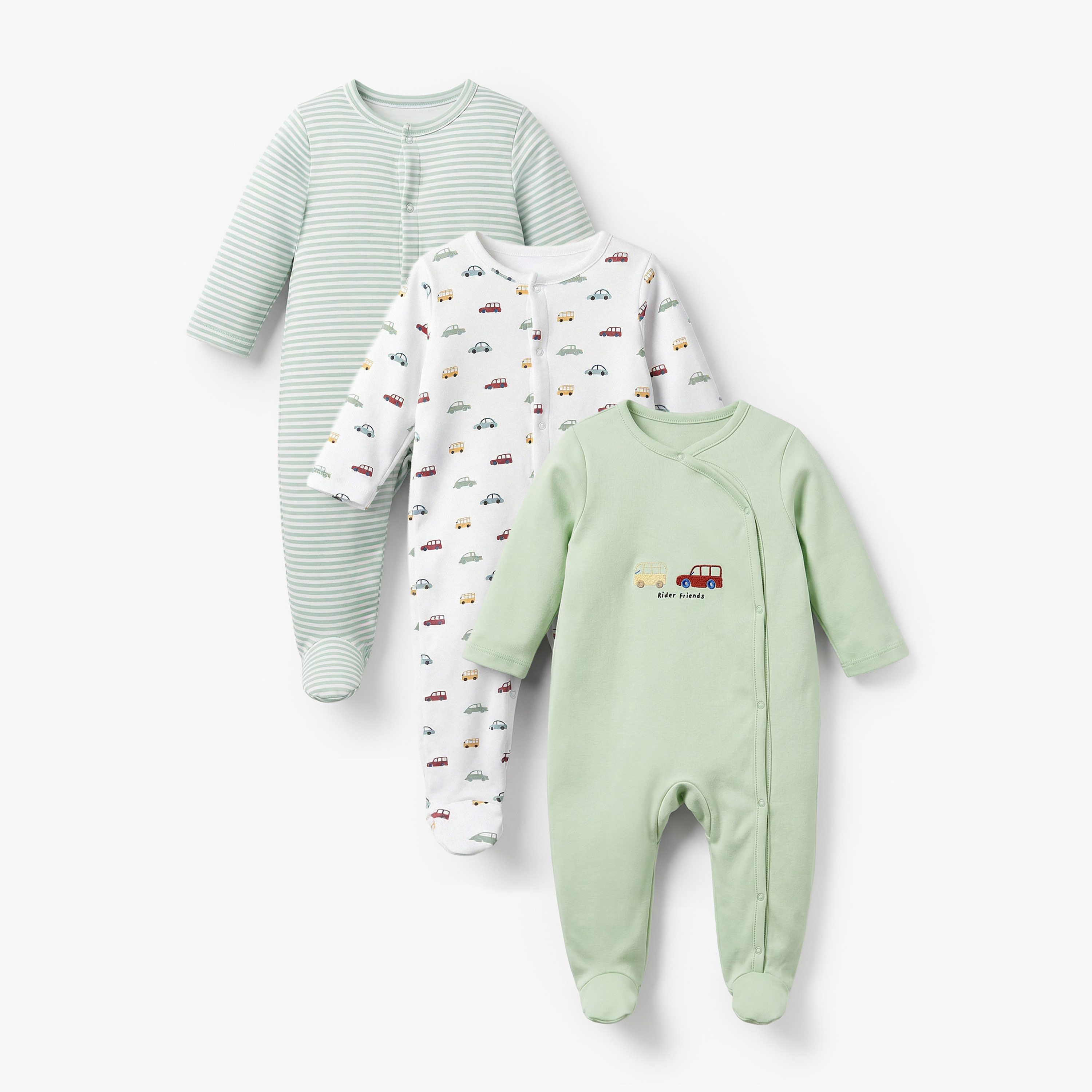 Pack of 3 Juniors Cotton Crew Neck Long Sleeves Sleepsuit with Car Print-baby-boys-clothing-nightwear-sleepsuits-image-1