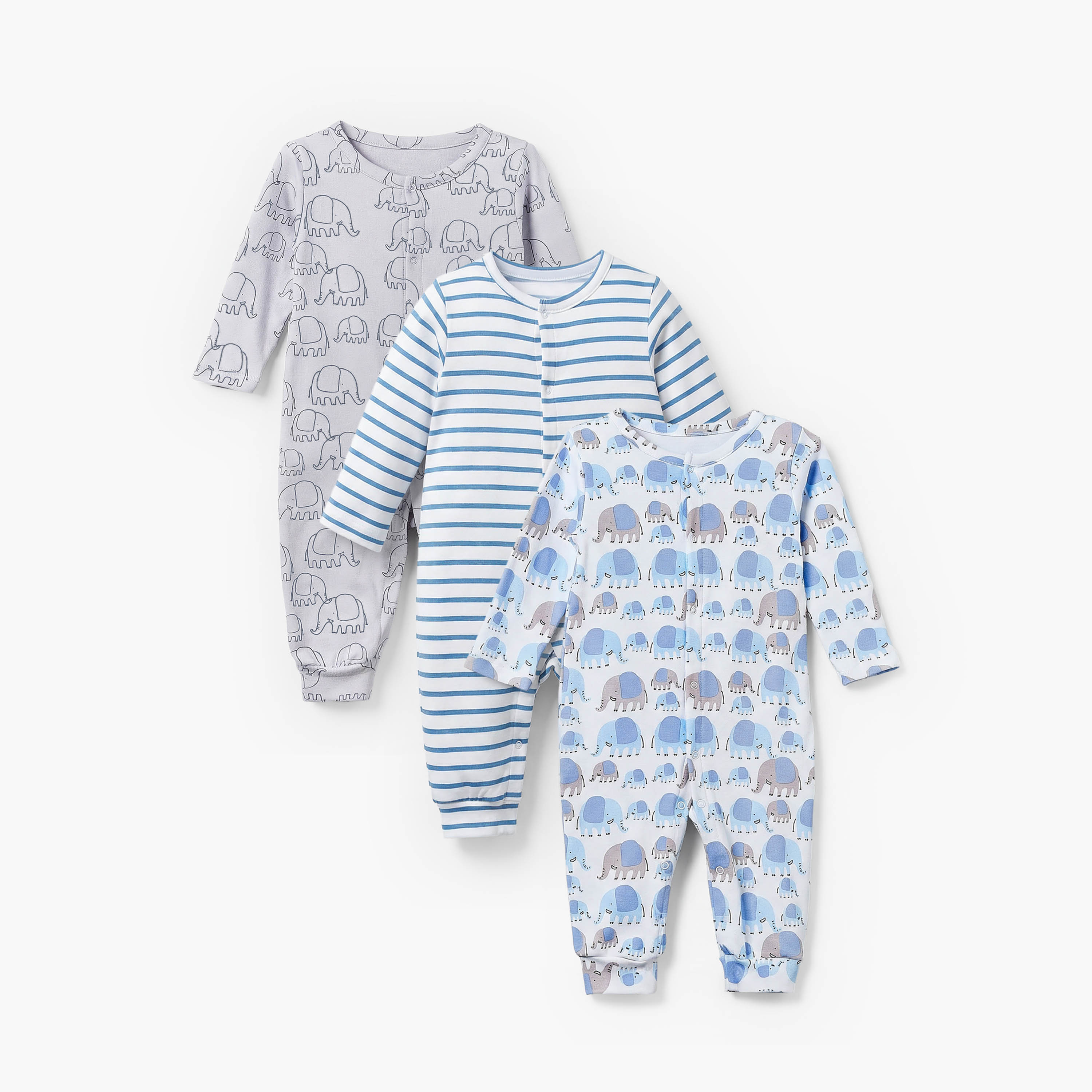 Pack of 3 Juniors Cotton Crew Neck Long Sleeves Sleepsuit with Elephant Print-baby-boys-clothing-nightwear-sleepsuits-image-1