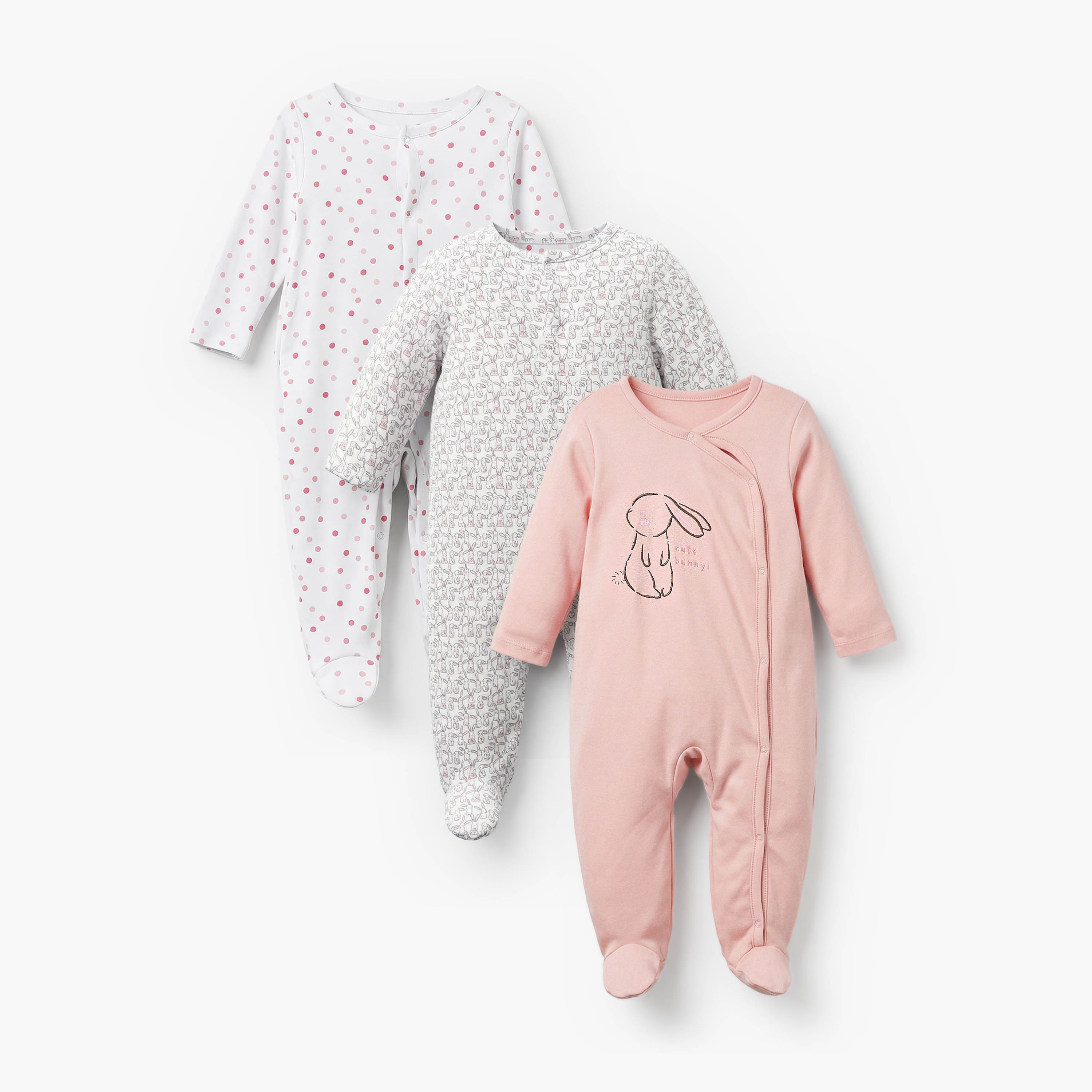 Pack of 3 Juniors Cotton Crew Neck Long Sleeves Sleepsuit with Bunny Print-baby-girls-clothing-nightwear-sleepsuits-image-1