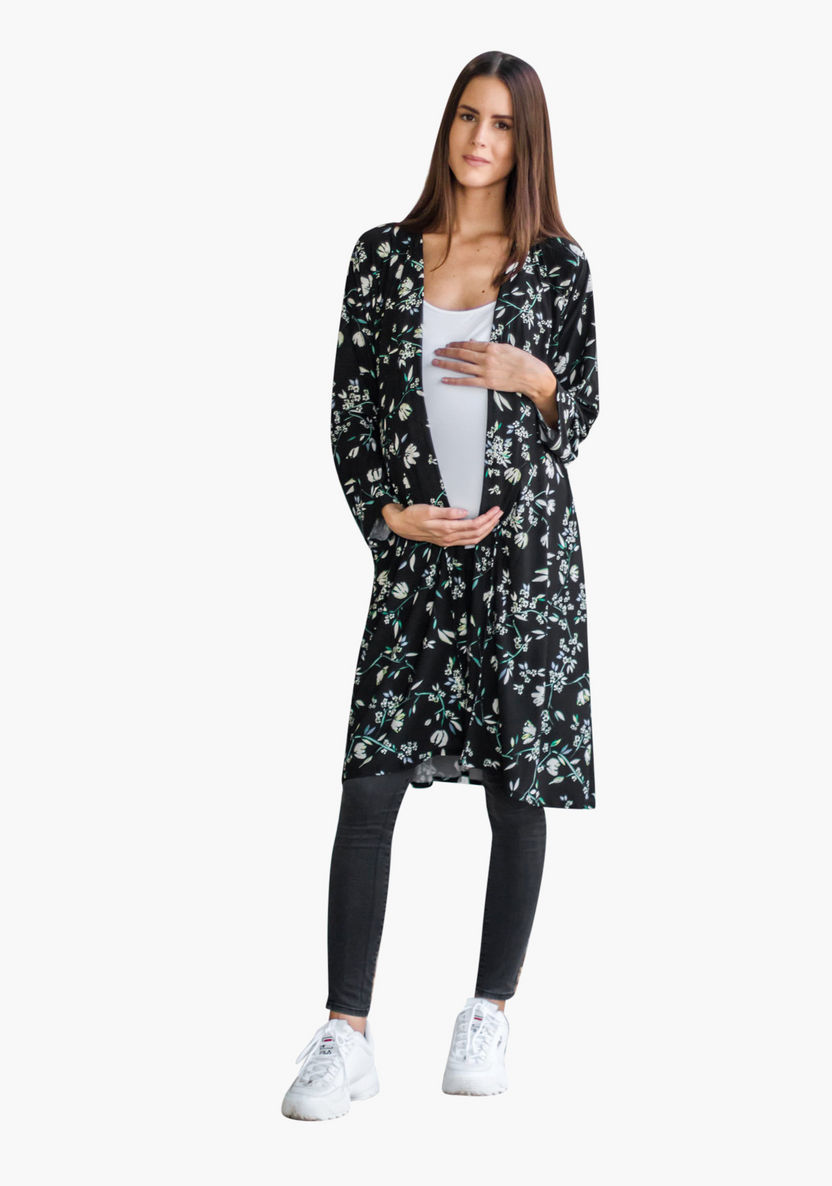Blush Maternity Longline Floral Printed Shrug with Long Sleeves-Tops-image-0