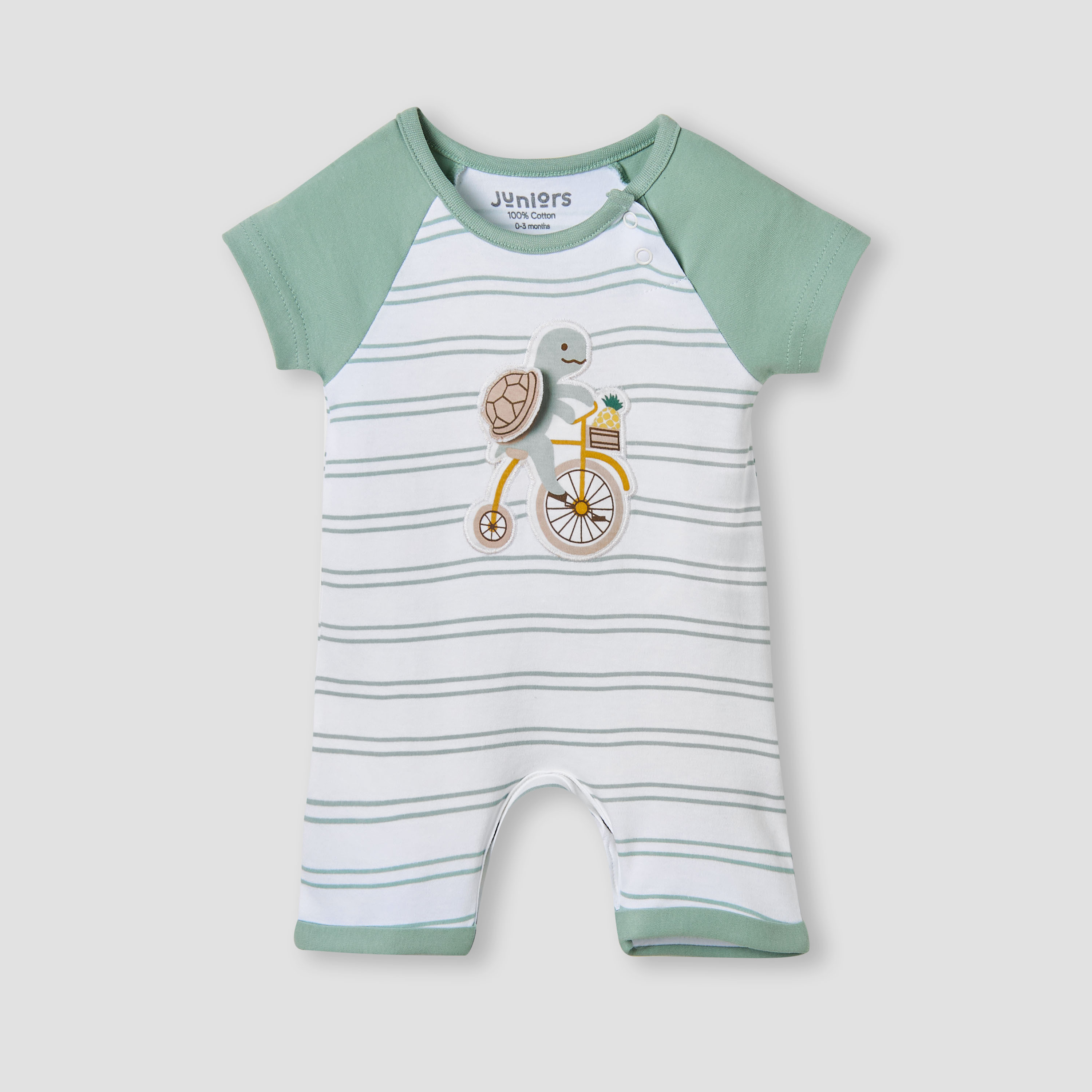 Juniors Turtle Applique Striped Romper with Raglan Sleeves-baby-boys-clothing-rompers-image-1