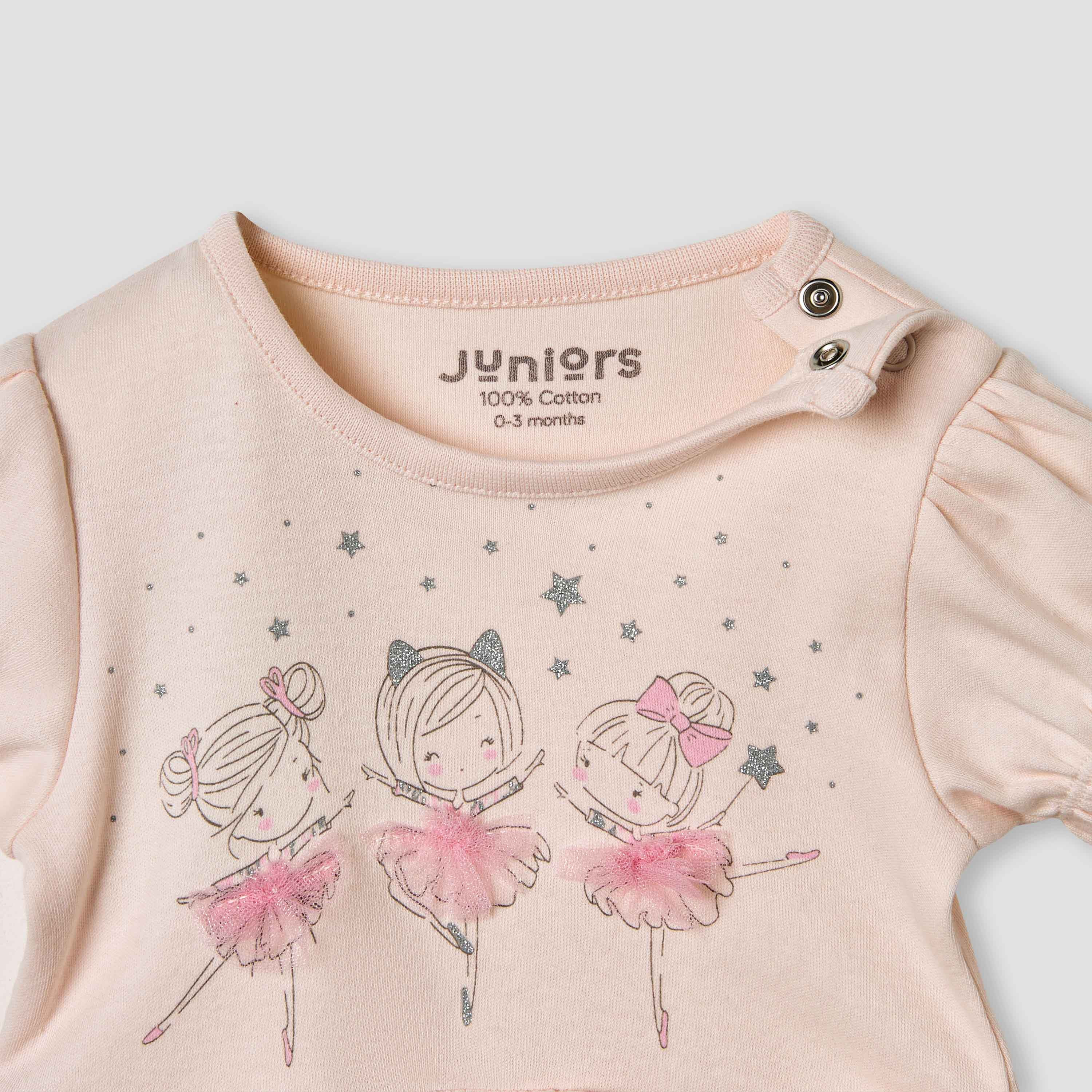 Juniors Ballerina Print Romper with Puff Sleeves-baby-girls-clothing-rompers-image-3