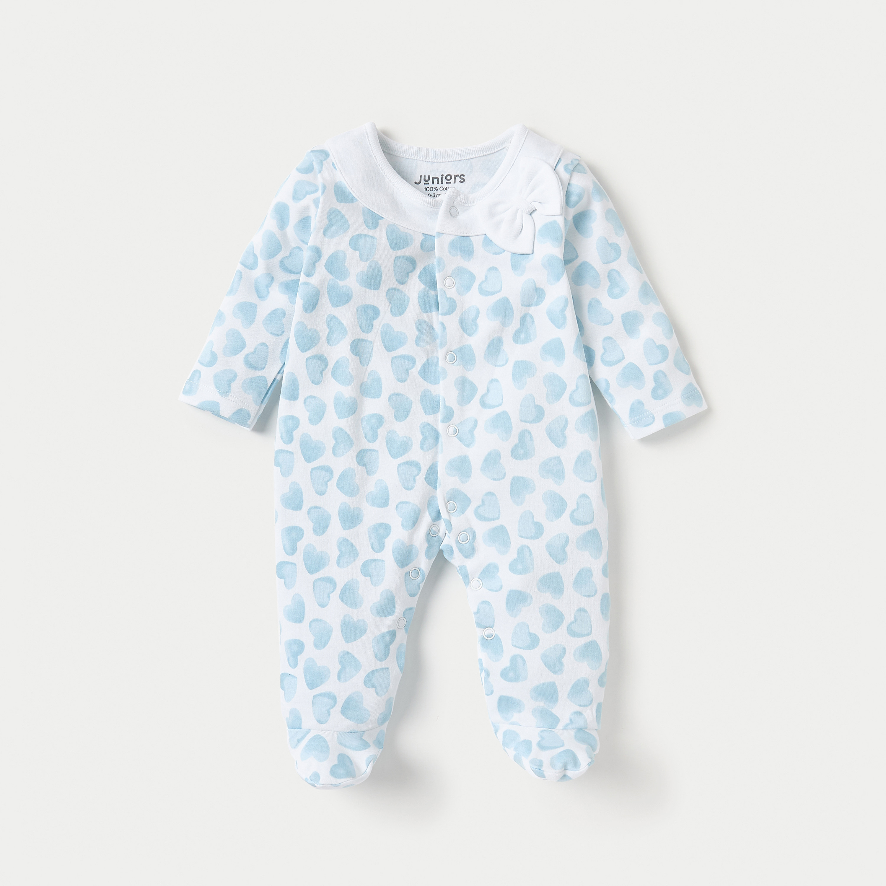 Juniors Heart Print Closed Feet Sleepsuit with Long Sleeves and Button Closure-baby-girls-clothing-nightwear-sleepsuits-image-1