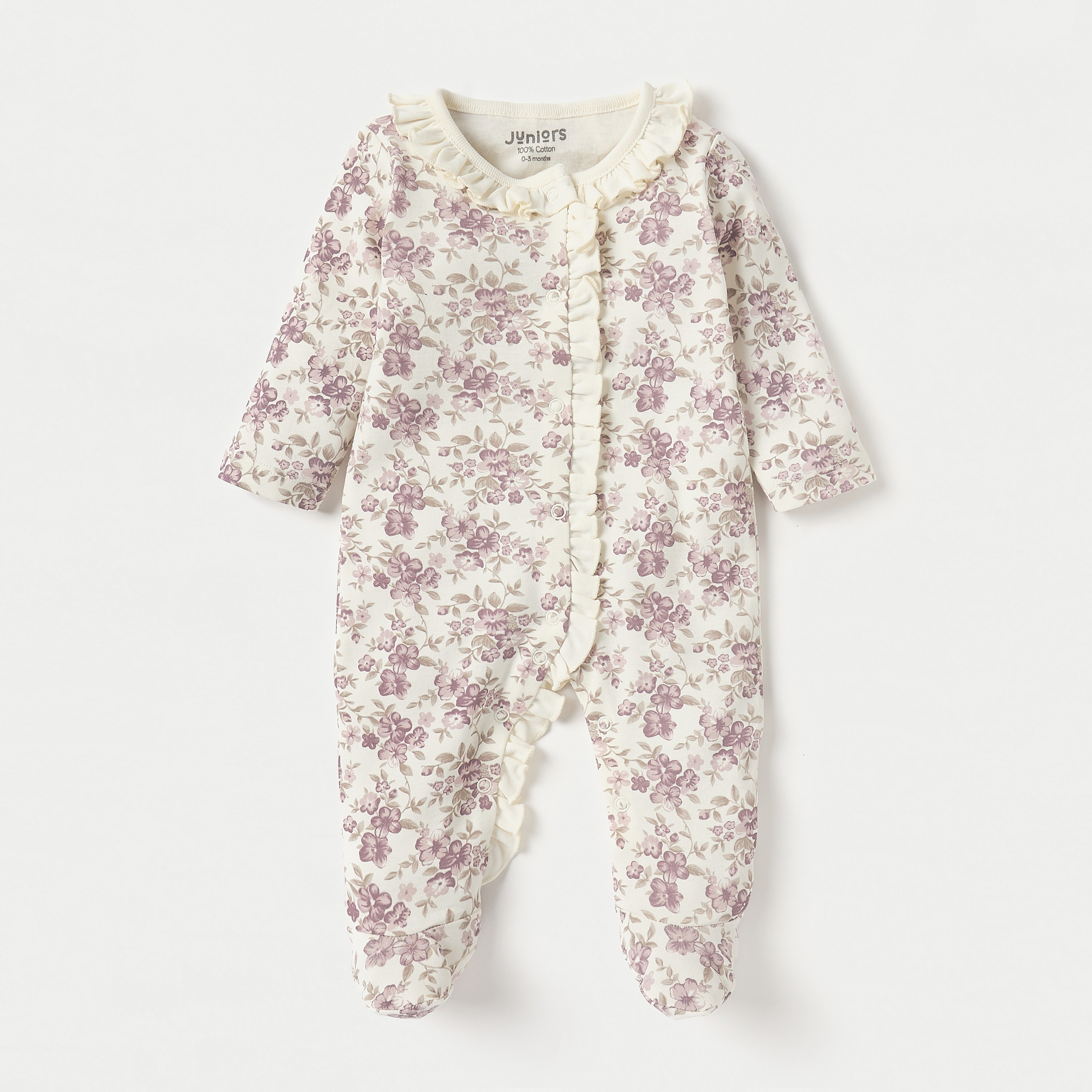 Juniors Floral Print Closed Feet Sleepsuit with Long Sleeves and Button Closure-baby-girls-clothing-nightwear-sleepsuits-image-1