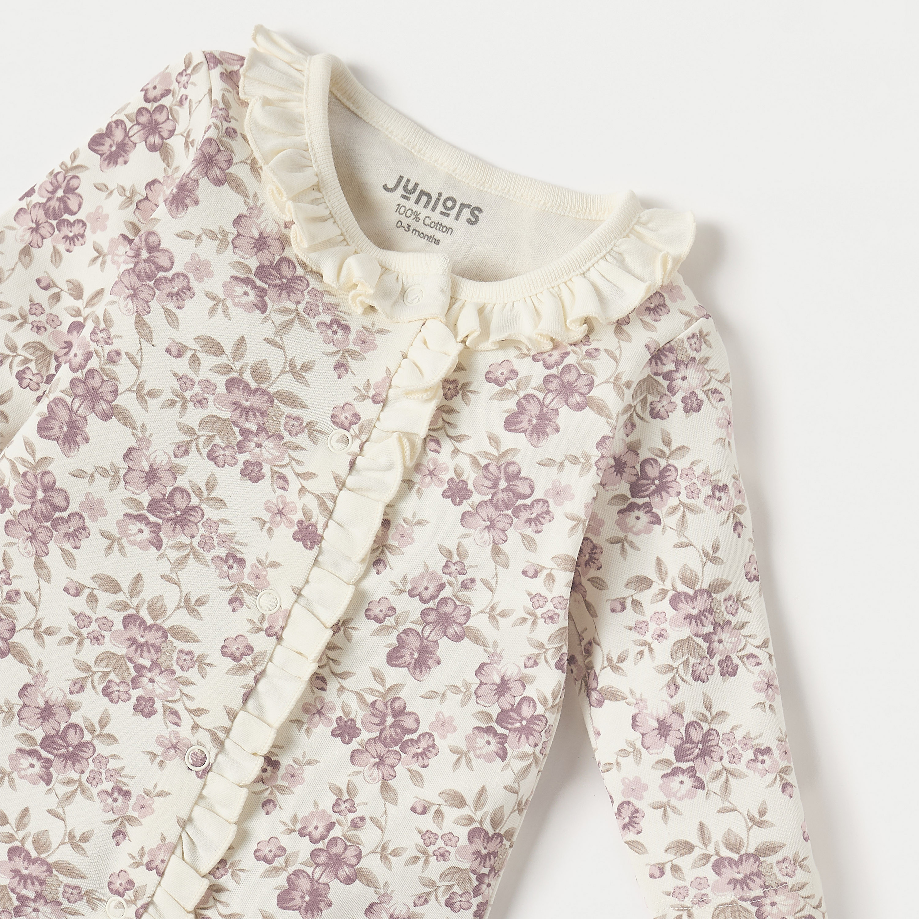 Juniors Floral Print Closed Feet Sleepsuit with Long Sleeves and Button Closure-baby-girls-clothing-nightwear-sleepsuits-image-3