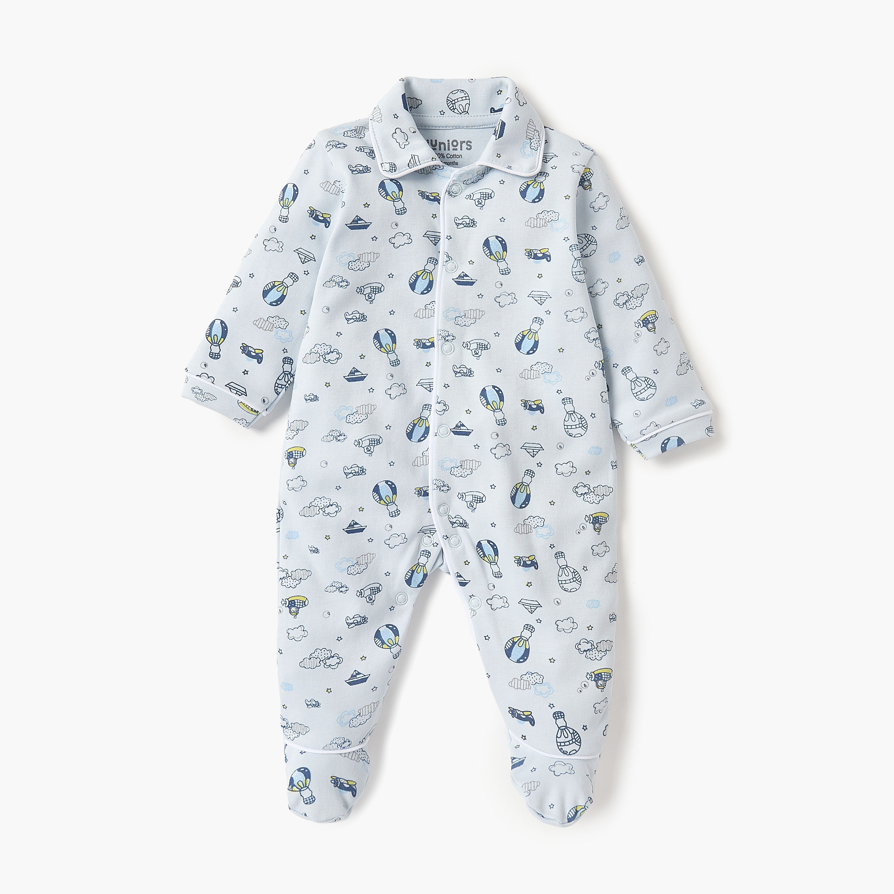 Juniors Printed Closed Feet Collared Sleepsuit with Button Closure-baby-boys-clothing-nightwear-sleepsuits-image-1