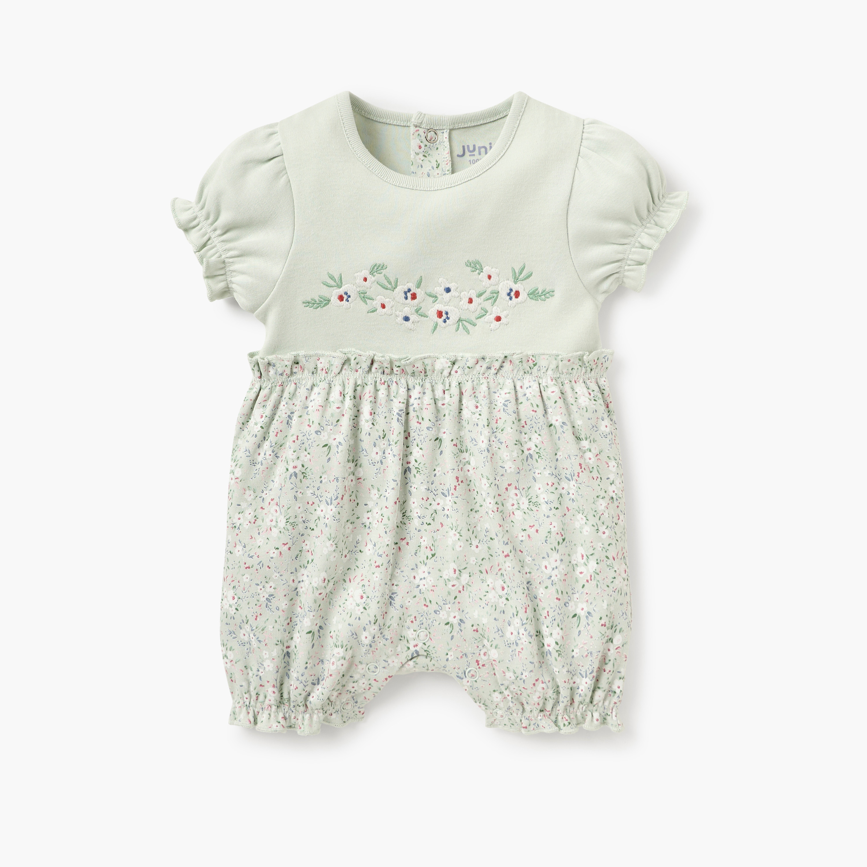 Juniors Floral Print Romper with Round Neck and Short Sleeves-baby-girls-clothing-rompers-image-1