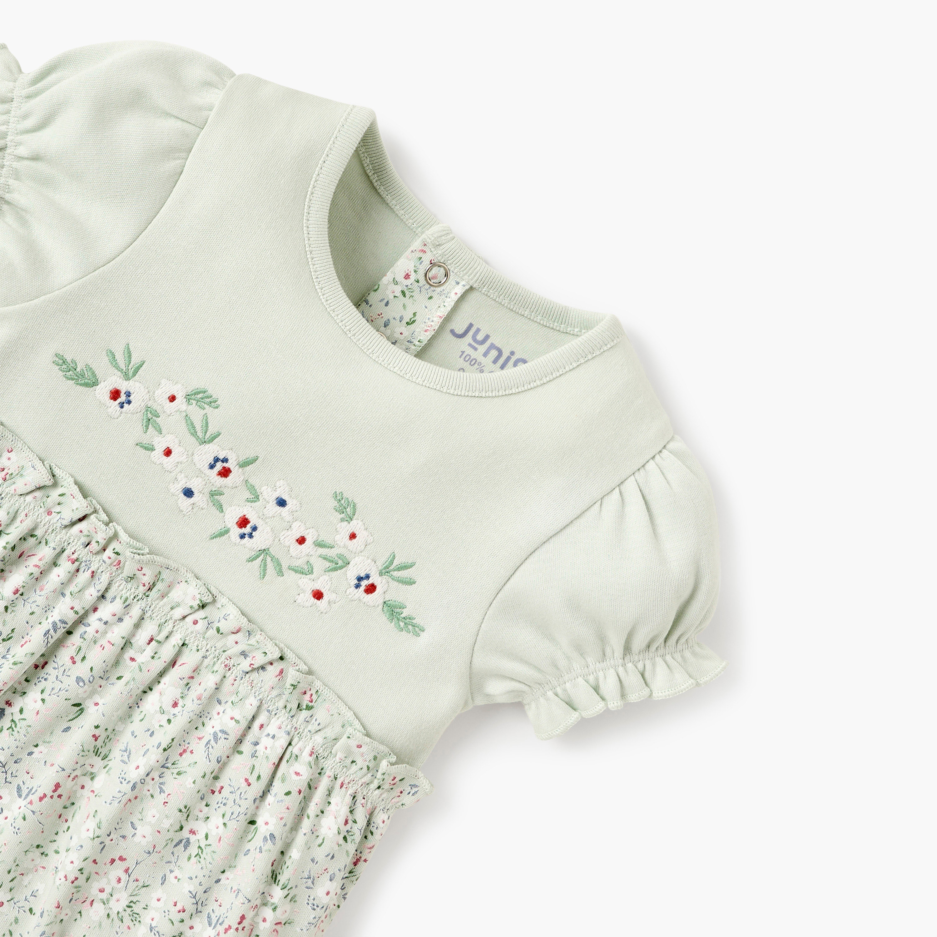 Juniors Floral Print Romper with Round Neck and Short Sleeves-baby-girls-clothing-rompers-image-3