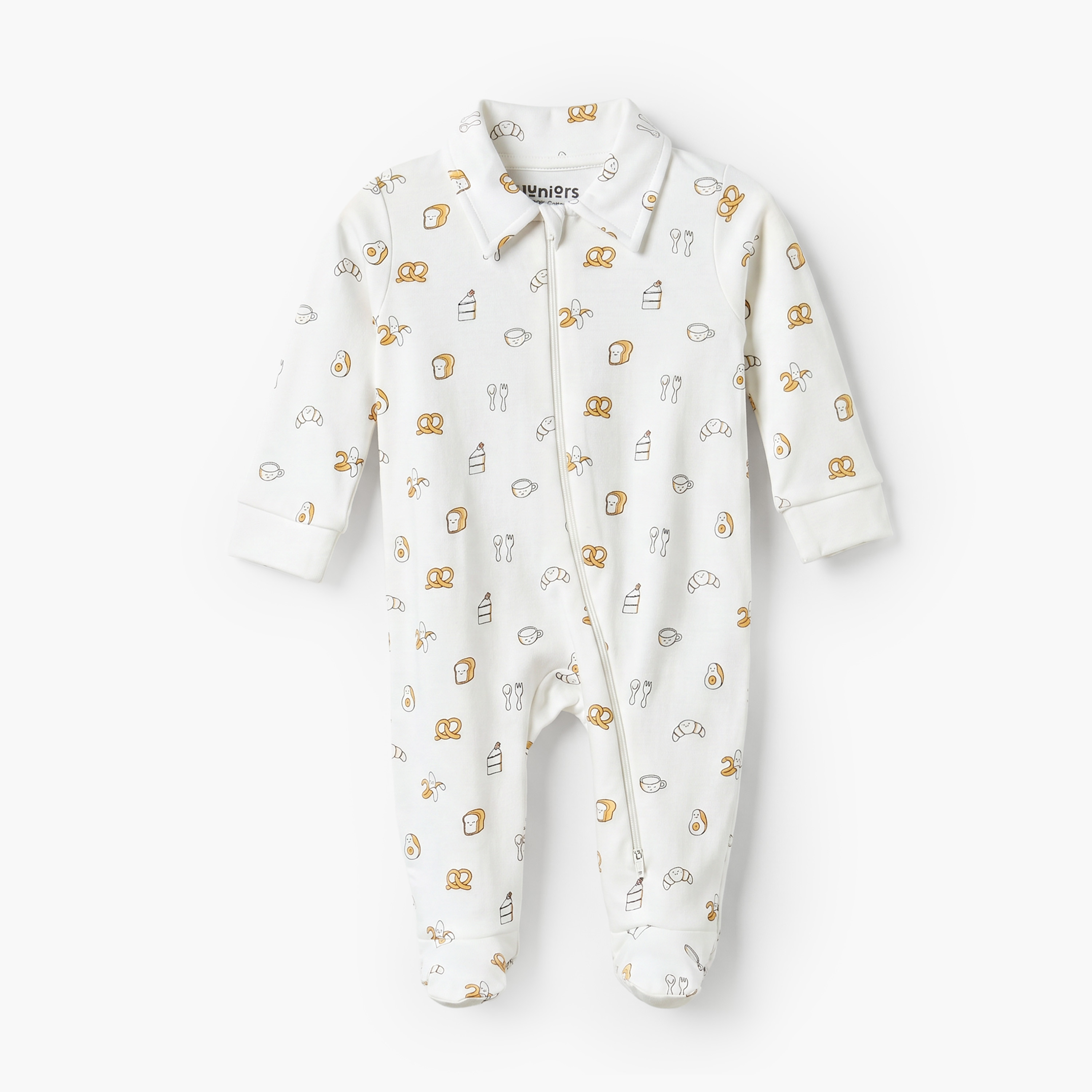 Juniors Cotton Collared Long Sleeves Sleepsuit with Breakfast Print-baby-boys-clothing-nightwear-sleepsuits-image-1