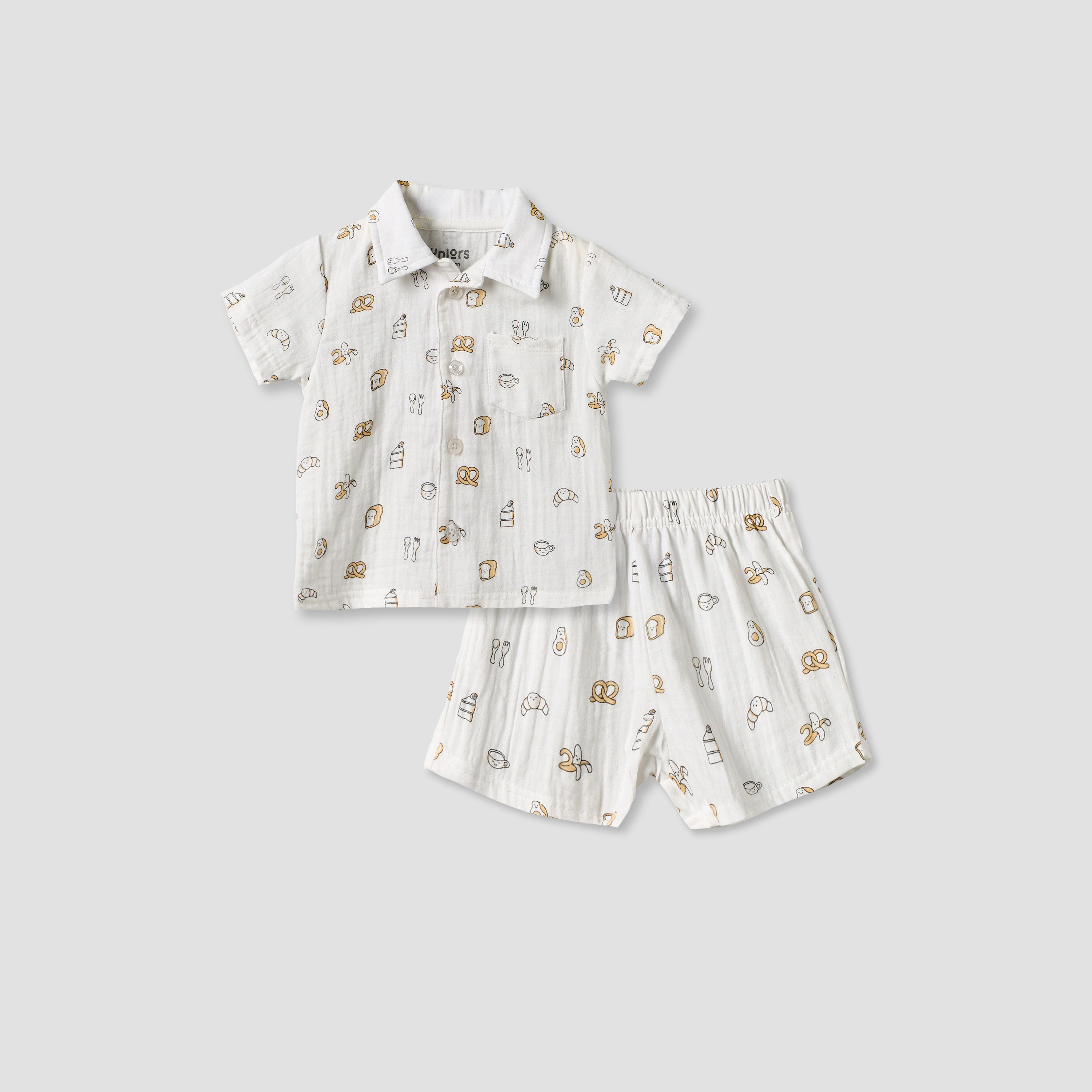 Juniors Collared Short Sleeves Shirt and Shorts Set with Breakfast Print-baby-boys-clothing-setsandcoords-image-1