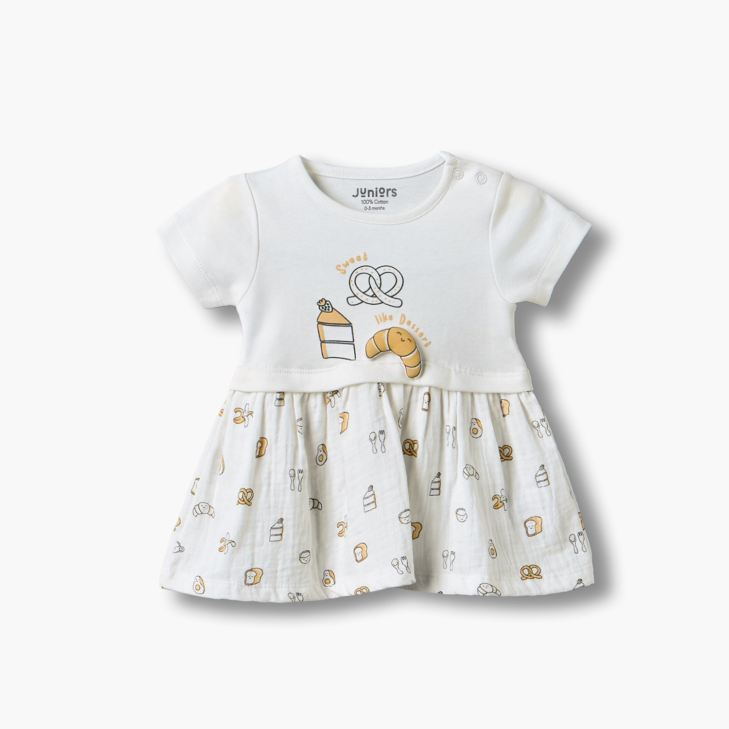 Juniors Round Neck Short Sleeves Knee Length Dress with Breakfast Print-baby-girls-clothing-dressesandjumpsuits-image-1