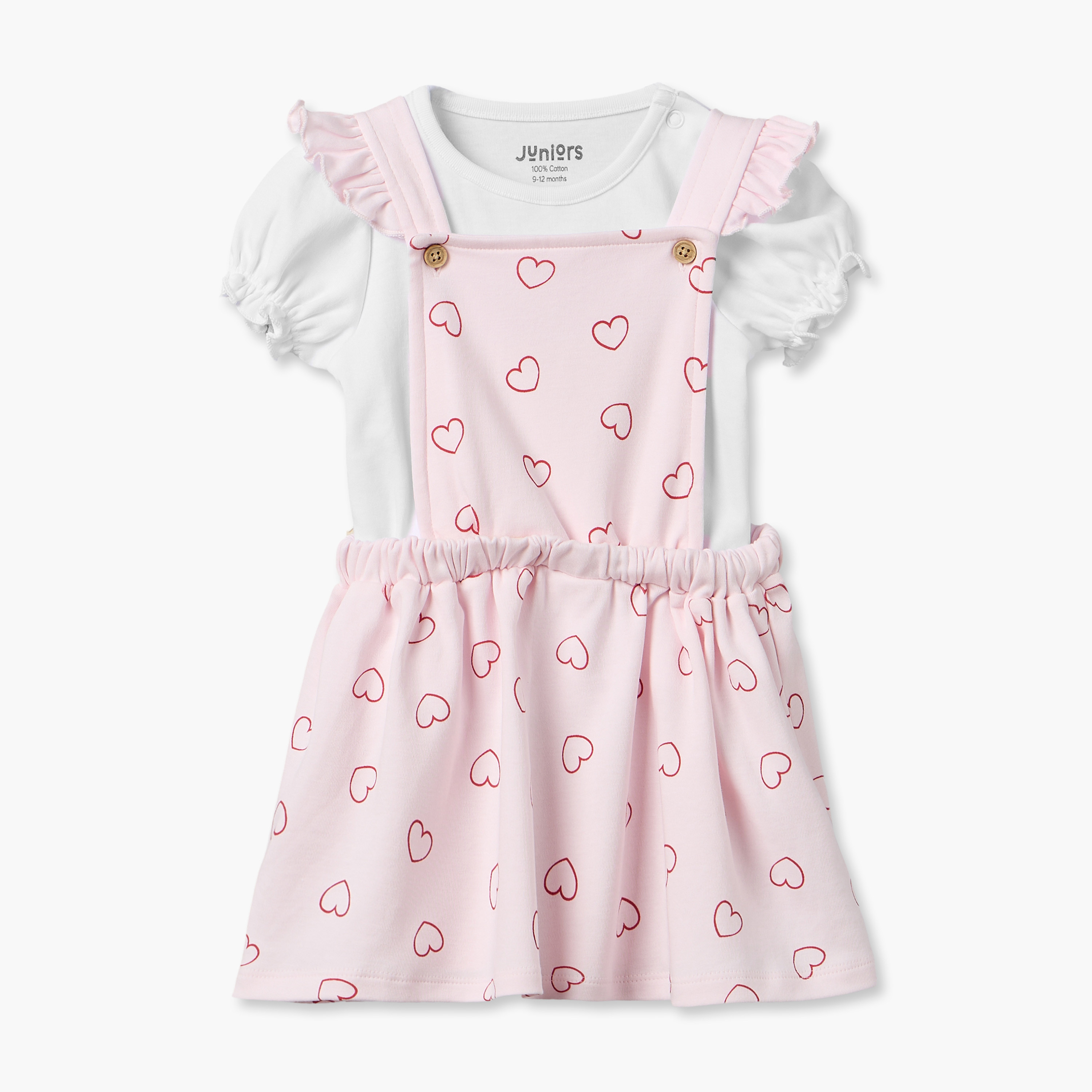 Juniors Crew Neck Short Sleeves T-shirt and Dungaree Dress Set with Heart Print-baby-girls-clothing-setsandcoords-image-1