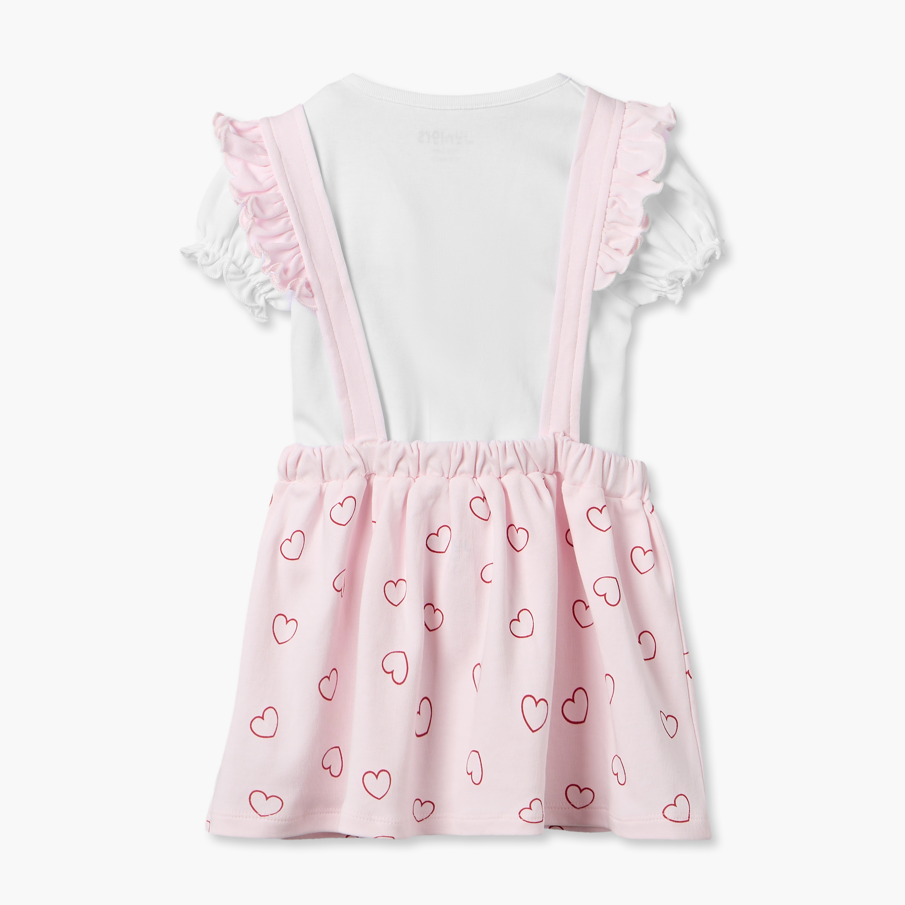 Juniors Crew Neck Short Sleeves T-shirt and Dungaree Dress Set with Heart Print-baby-girls-clothing-setsandcoords-image-2