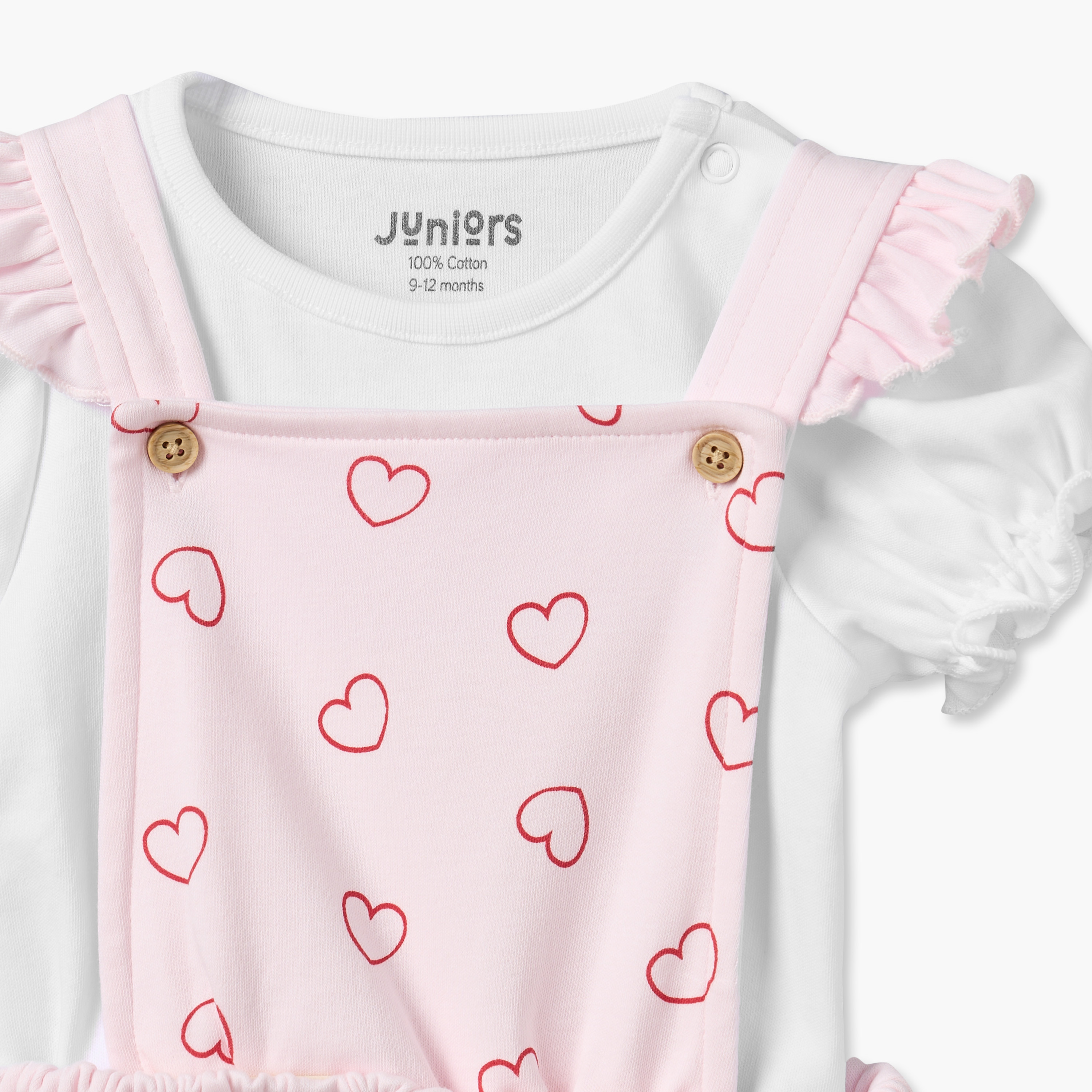 Juniors Crew Neck Short Sleeves T-shirt and Dungaree Dress Set with Heart Print-baby-girls-clothing-setsandcoords-image-5