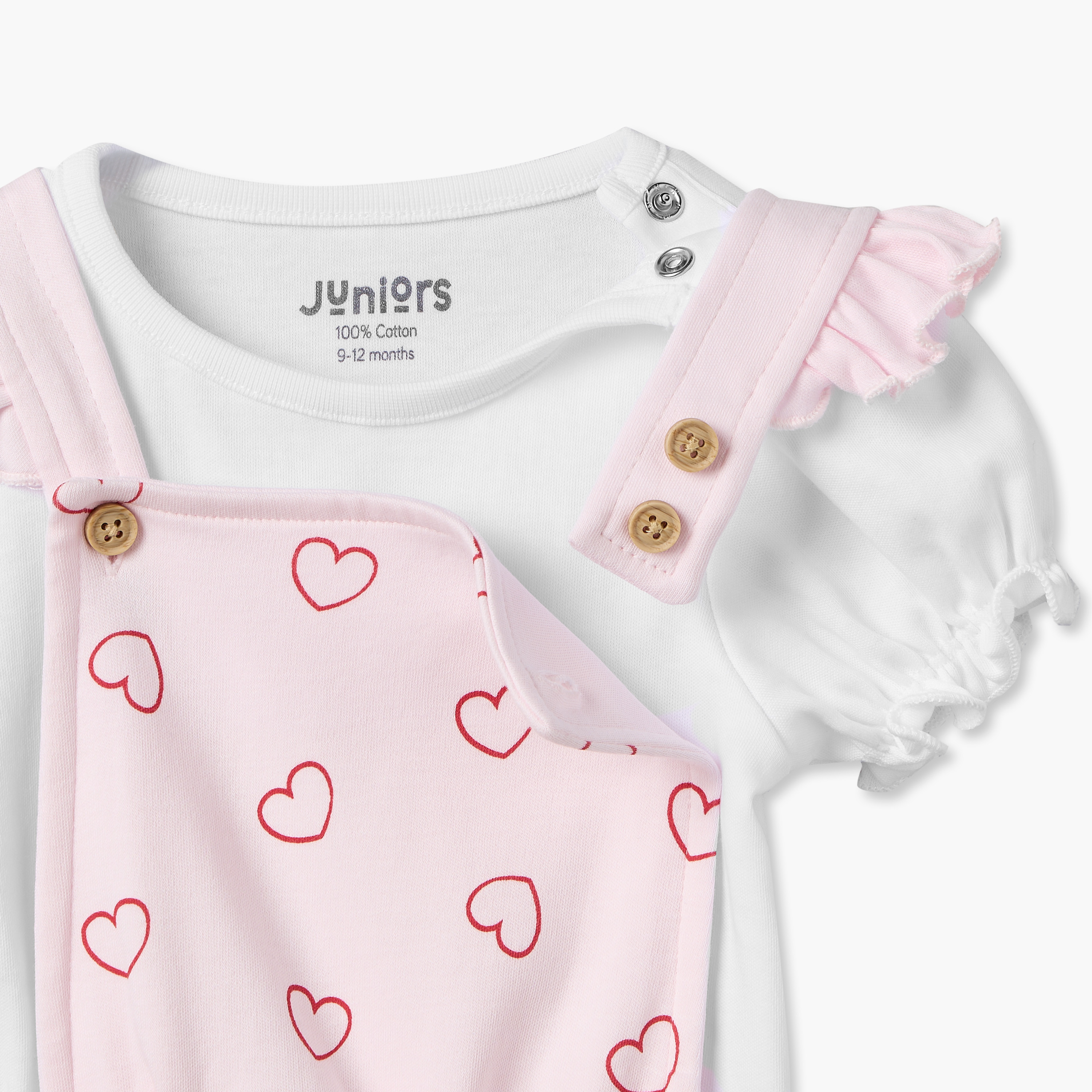 Juniors Crew Neck Short Sleeves T-shirt and Dungaree Dress Set with Heart Print-baby-girls-clothing-setsandcoords-image-6