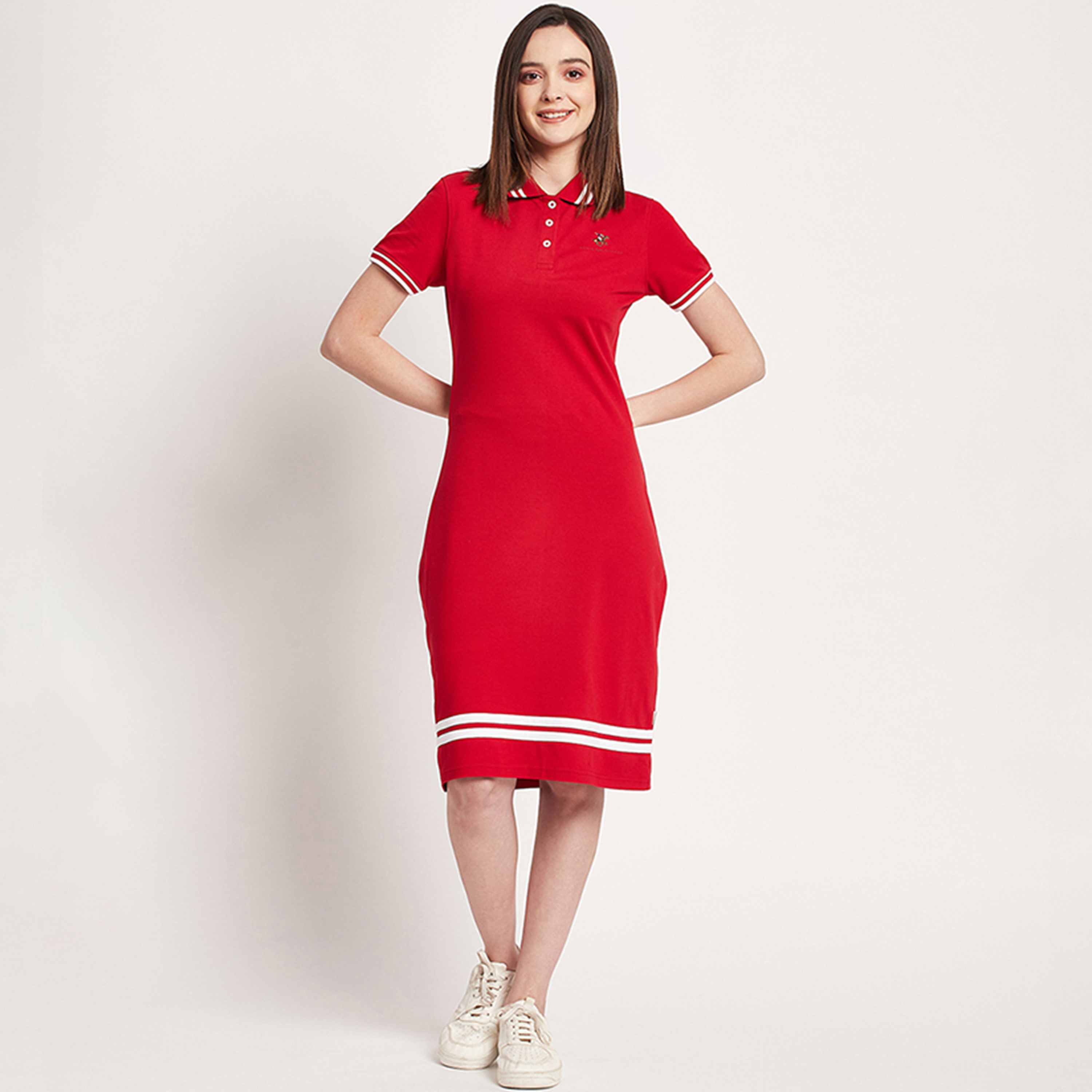 Beverly Hills Polo Club Red Plain Collared T-Shirt Midi Women's Dress-women-clothing-dresses-image-1
