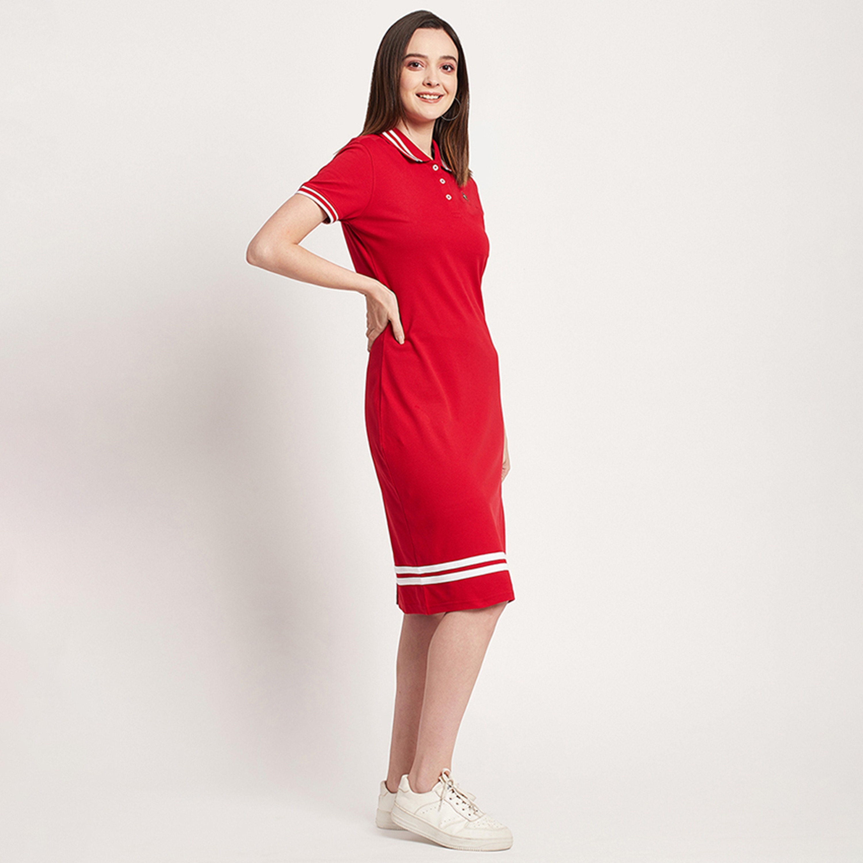 Beverly Hills Polo Club Red Plain Collared T-Shirt Midi Women's Dress-women-clothing-dresses-image-2