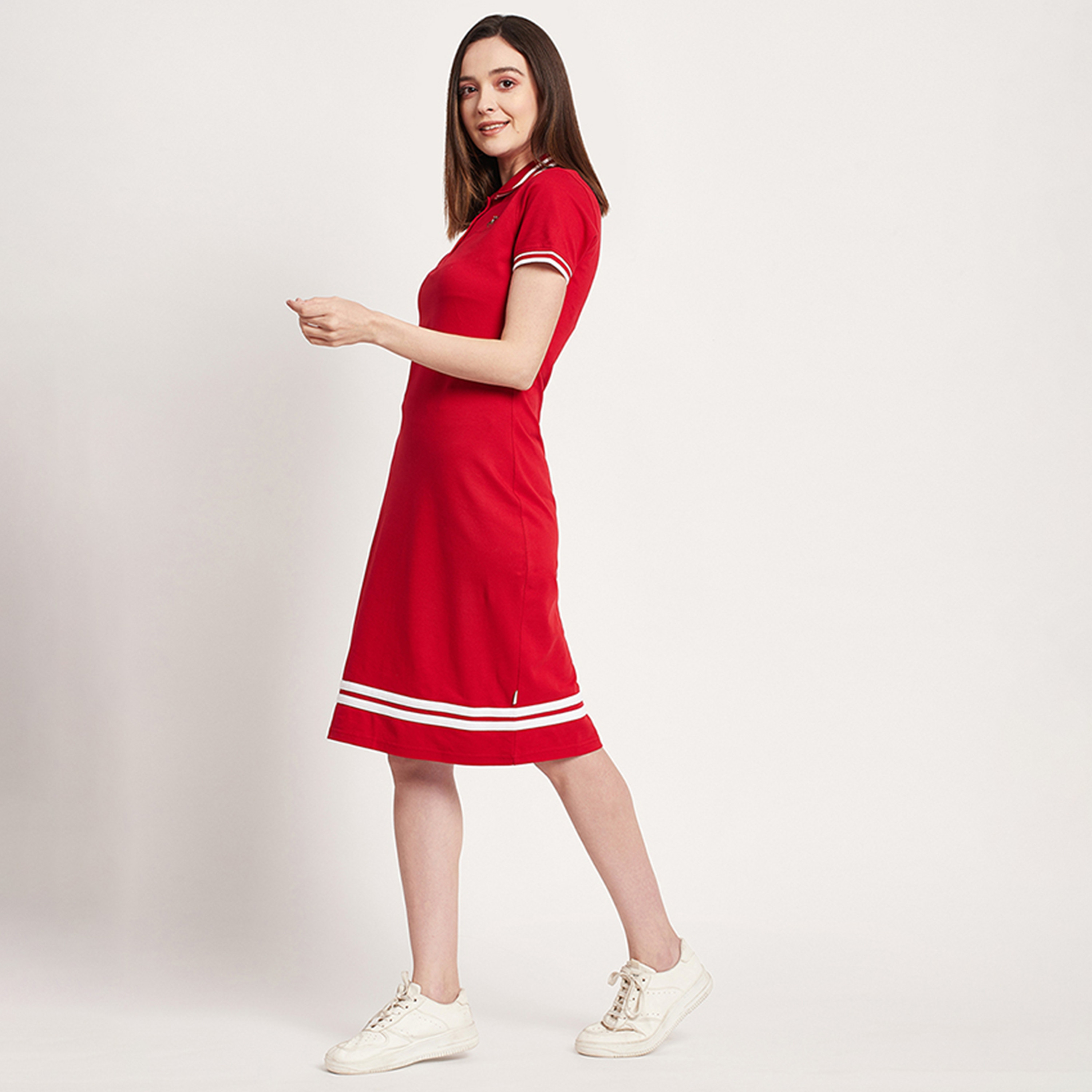 Beverly Hills Polo Club Red Plain Collared T-Shirt Midi Women's Dress-women-clothing-dresses-image-3