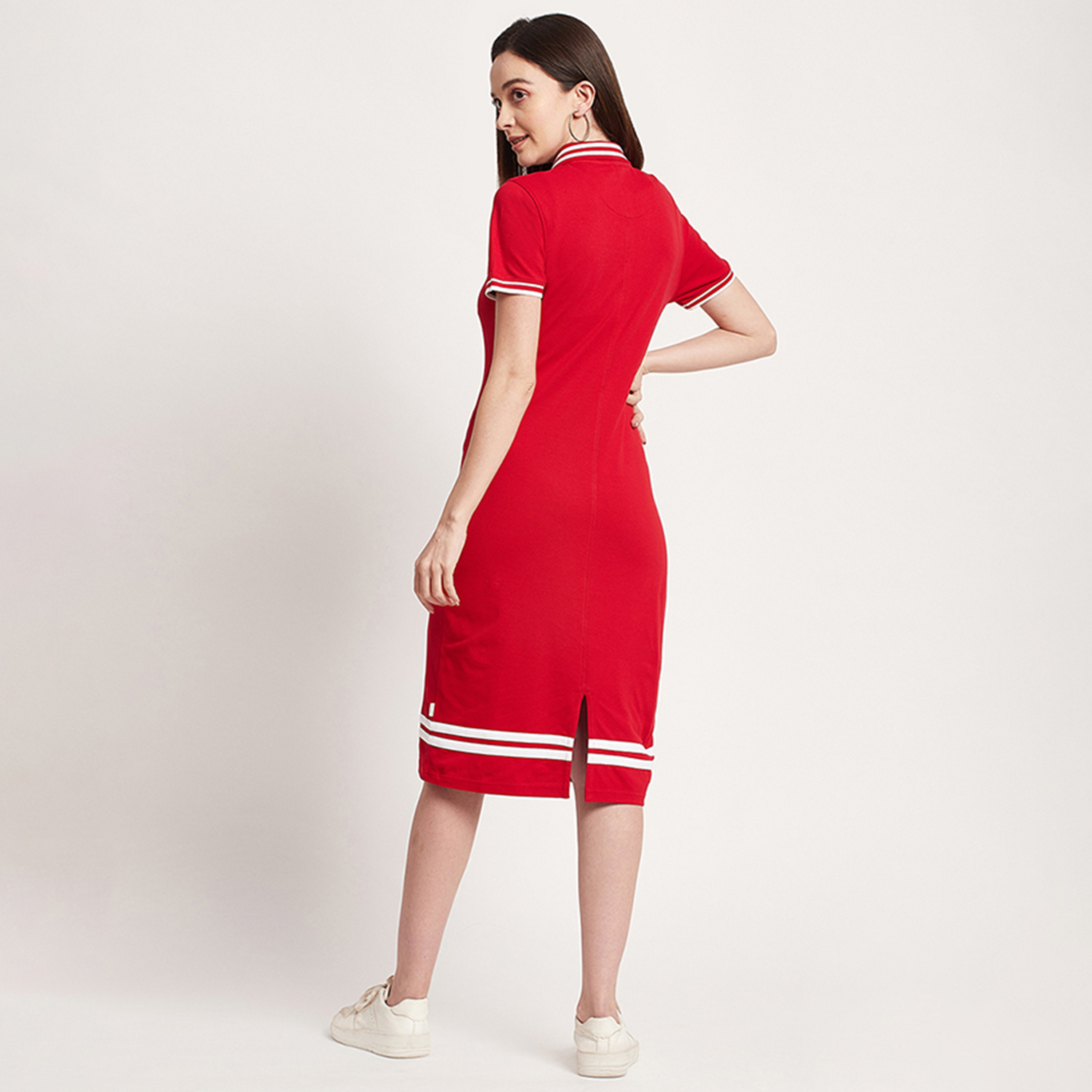 Beverly Hills Polo Club Red Plain Collared T-Shirt Midi Women's Dress-women-clothing-dresses-image-4