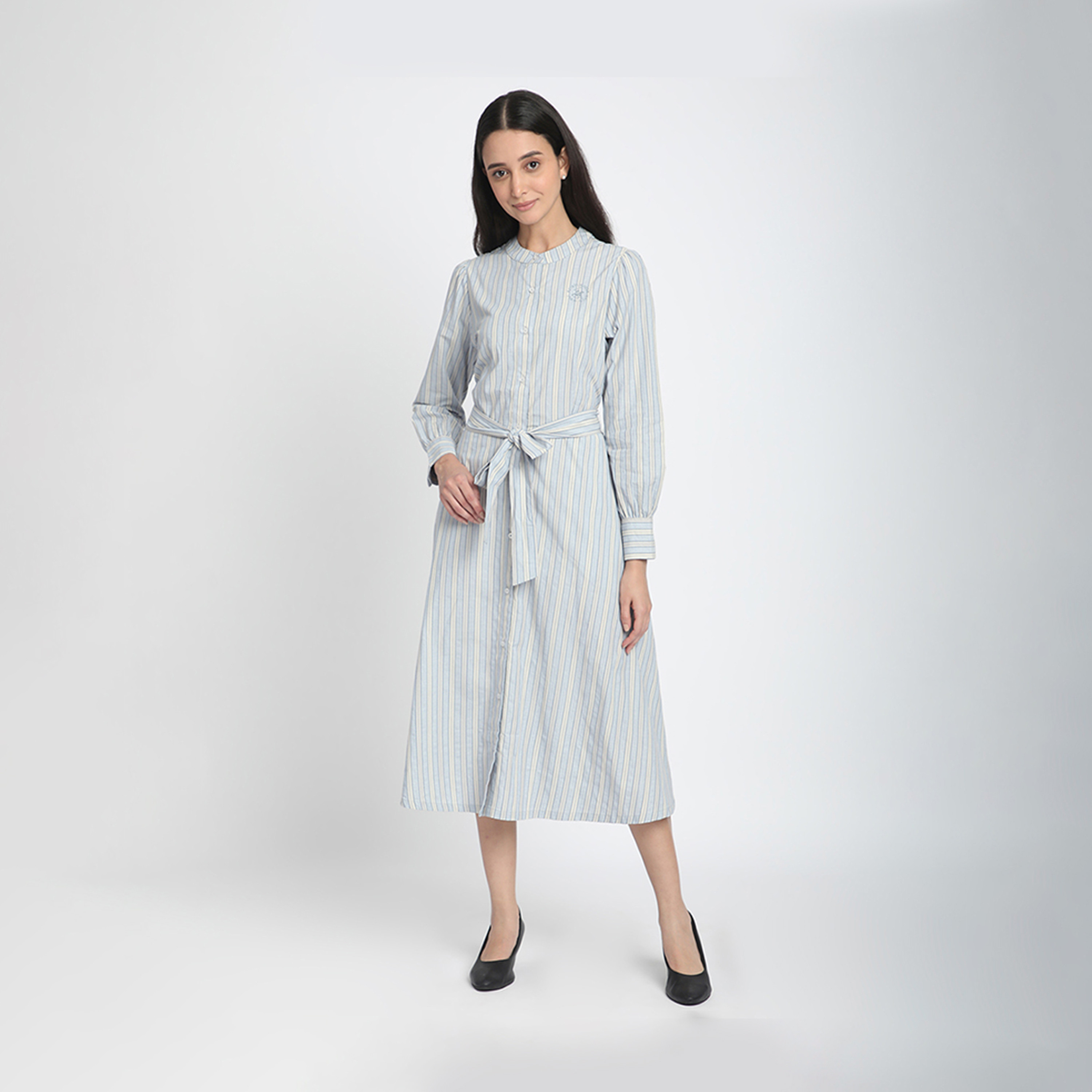 بيفرلي هيلز بولو كلوب-  فستان متوسط ​​الطول مخطط بياقة صينية-women-clothing-dresses-image-1