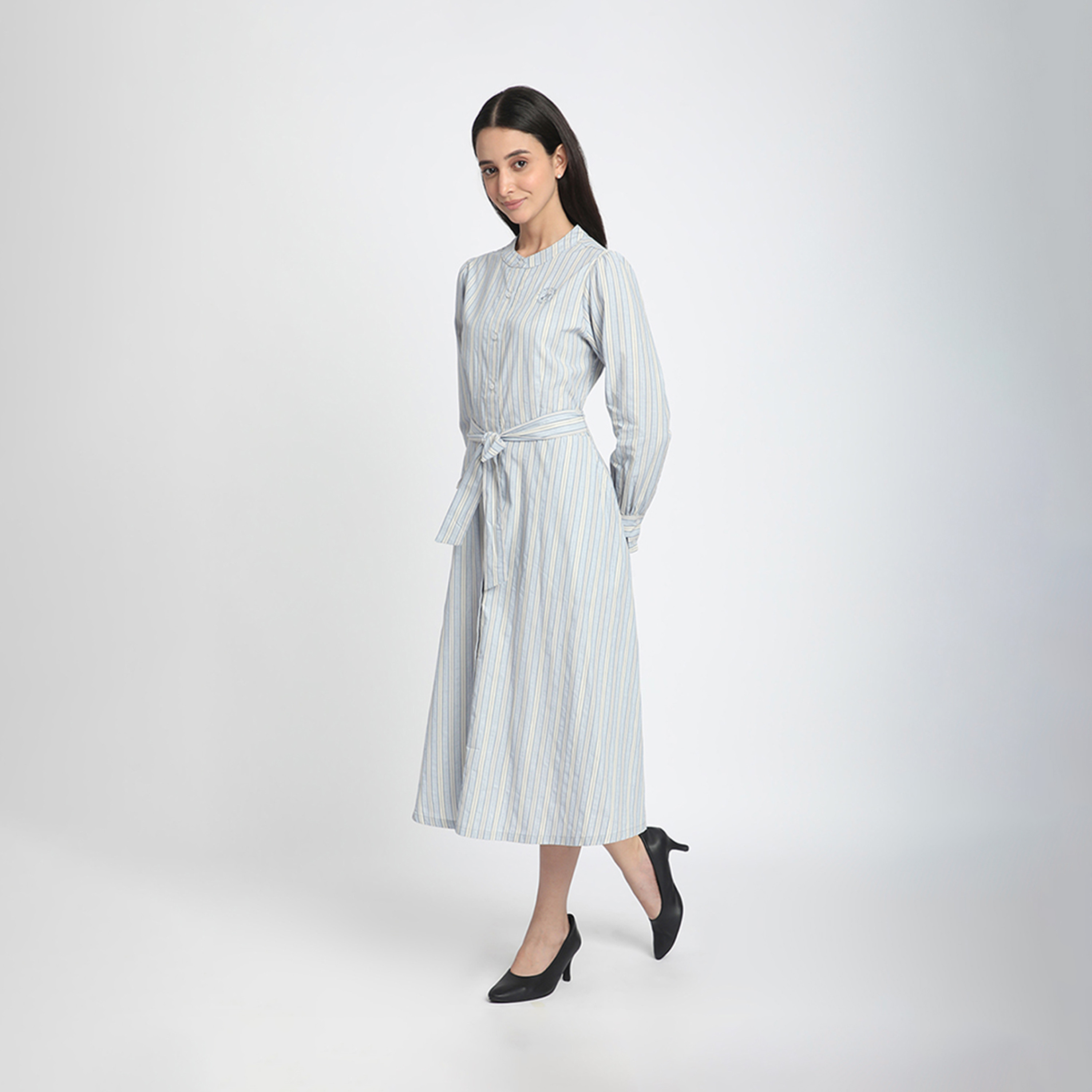 بيفرلي هيلز بولو كلوب-  فستان متوسط ​​الطول مخطط بياقة صينية-women-clothing-dresses-image-2