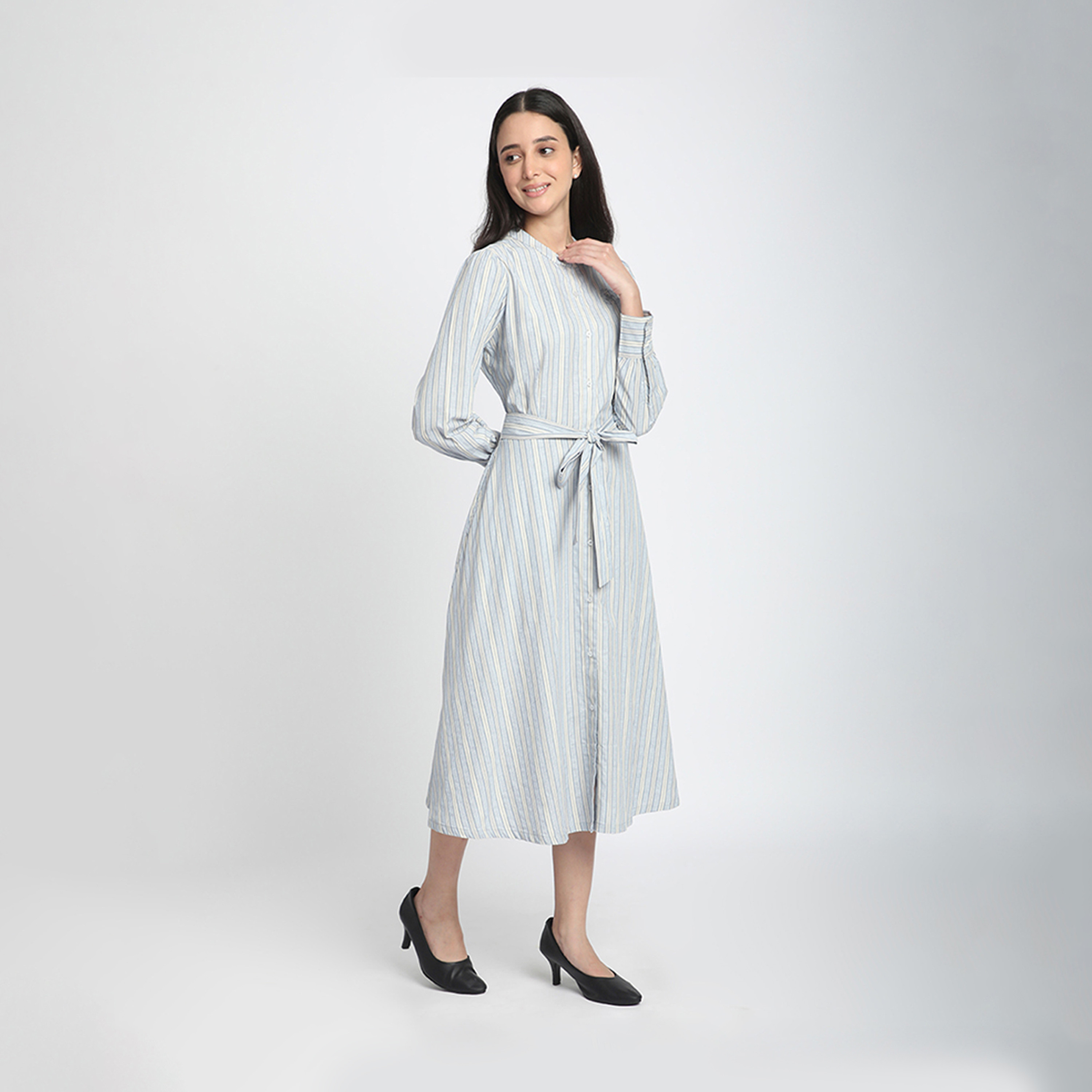 بيفرلي هيلز بولو كلوب-  فستان متوسط ​​الطول مخطط بياقة صينية-women-clothing-dresses-image-3