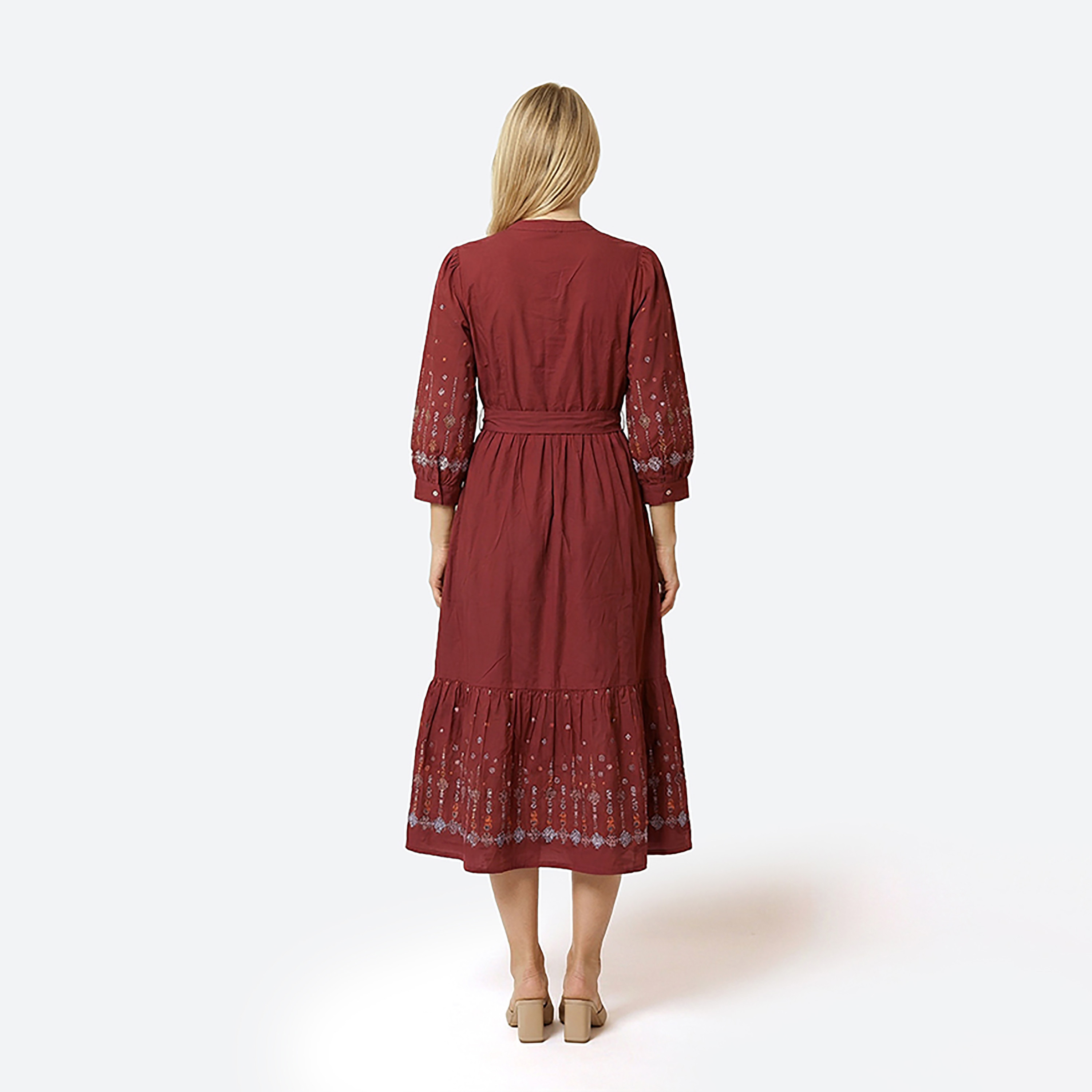 Beverly Hills Polo Club Maroon Embroidered Mandarin Collar Belted Women's Midi Dress-women-clothing-dresses-image-4