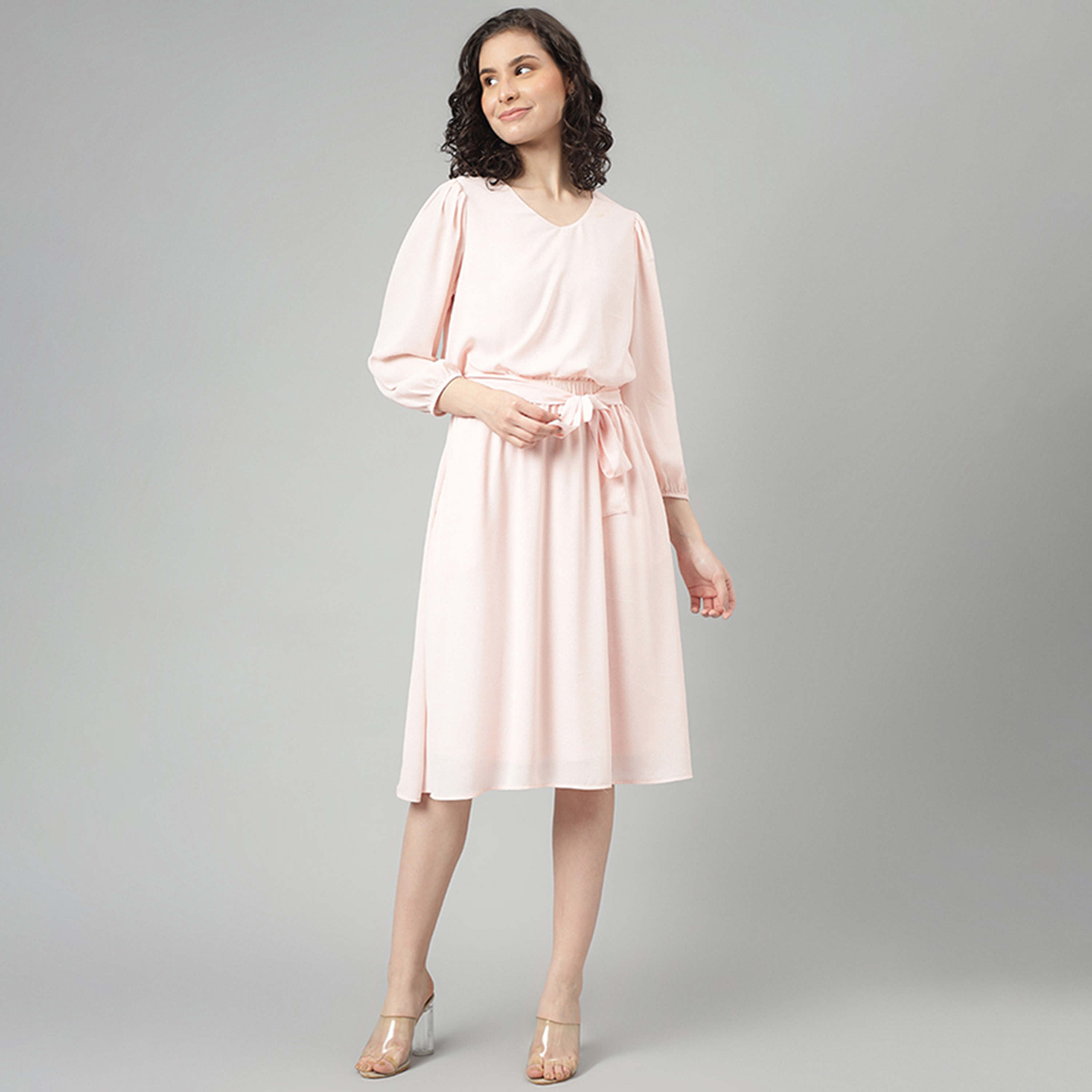 فستان نسائي ميدي وردي فاتح وردي وردي بأكمام مجمعة بأكمام مائية-women-clothing-dresses-image-1