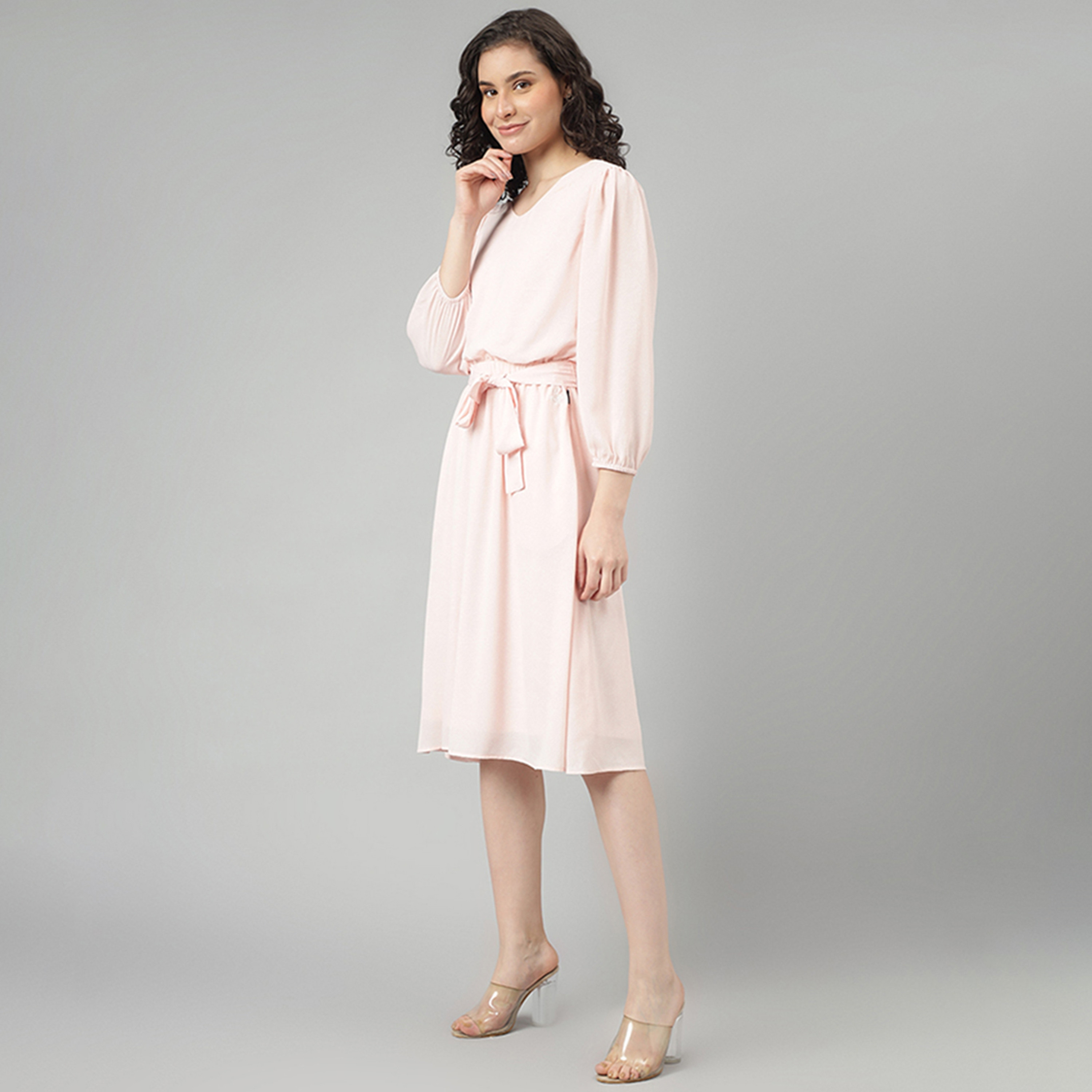 فستان نسائي ميدي وردي فاتح وردي وردي بأكمام مجمعة بأكمام مائية-women-clothing-dresses-image-2