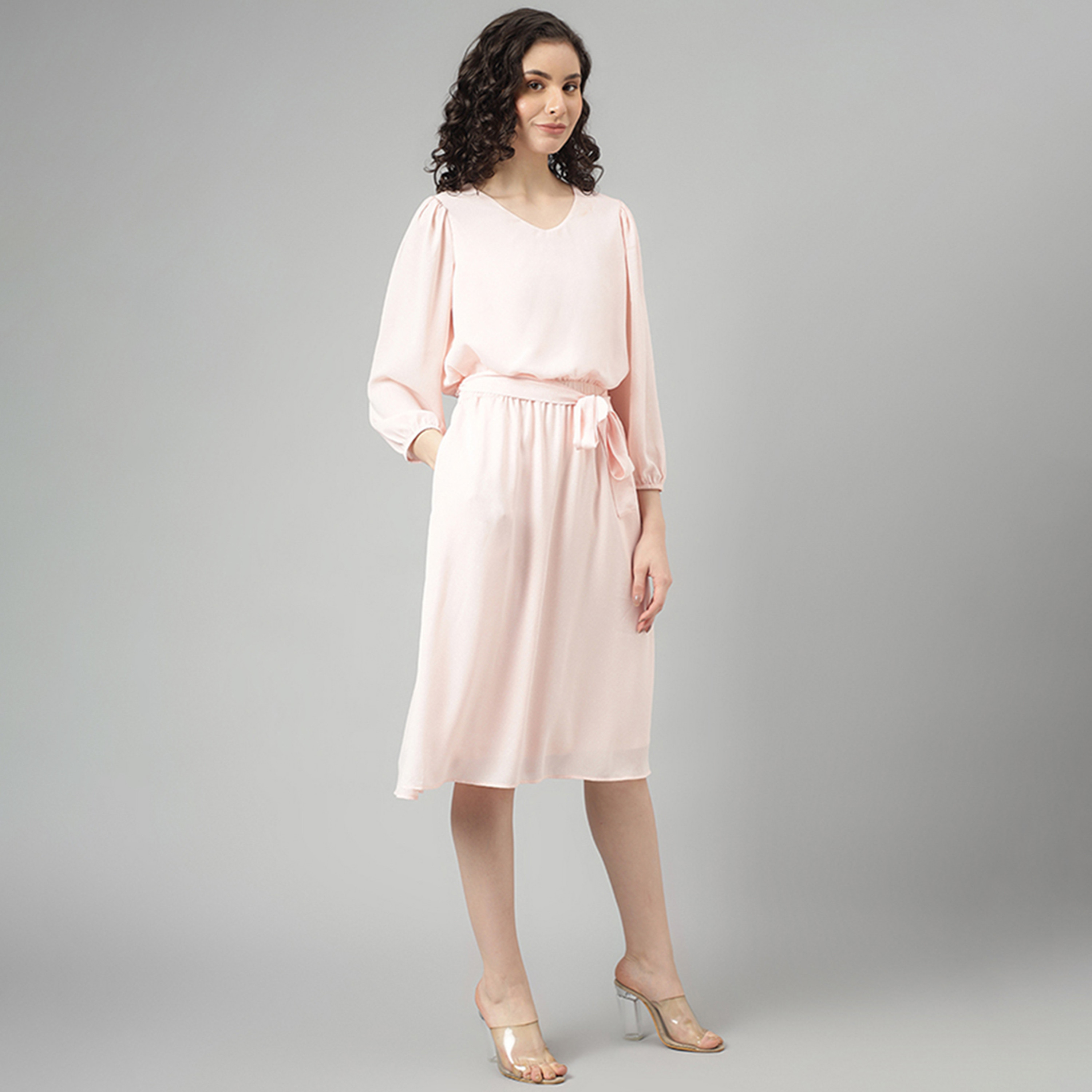فستان نسائي ميدي وردي فاتح وردي وردي بأكمام مجمعة بأكمام مائية-women-clothing-dresses-image-3