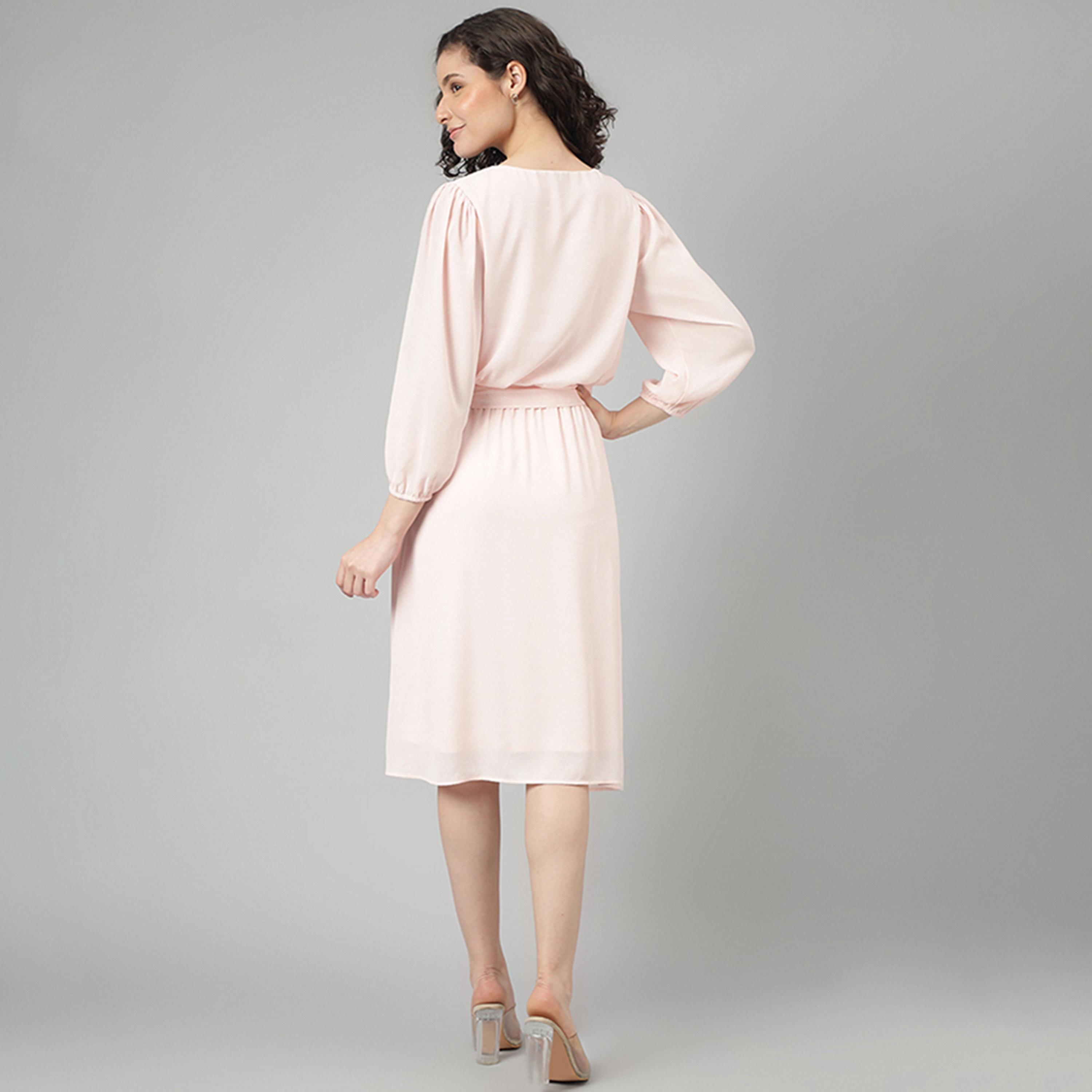 فستان نسائي ميدي وردي فاتح وردي وردي بأكمام مجمعة بأكمام مائية-women-clothing-dresses-image-4