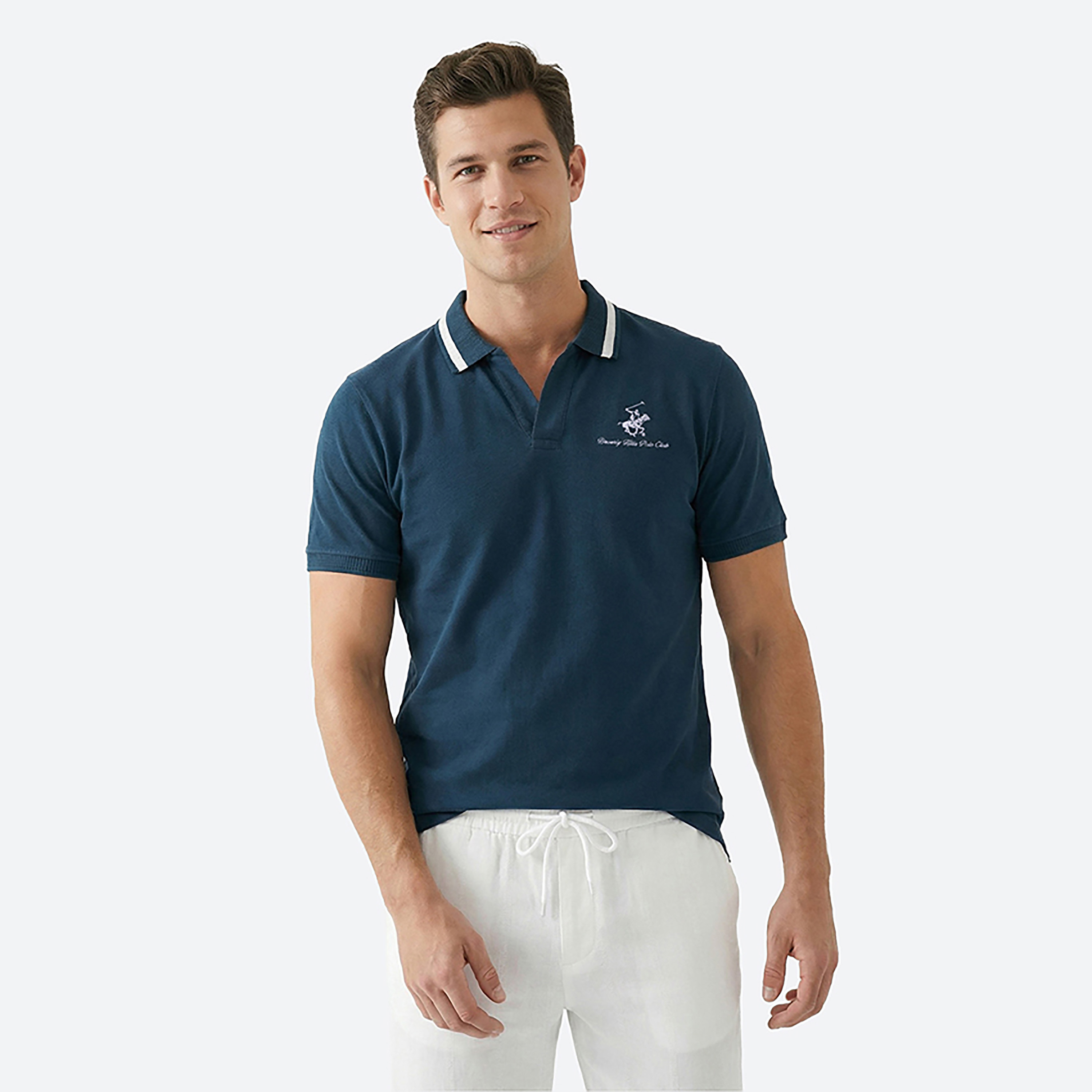تيشيرت بولو رجالي سادة بأكمام قصيرة وياقة متباينة اللون من بيفرلي هيلز بولو كلوب-men-clothing-tshirtsandpolos-polos-image-1