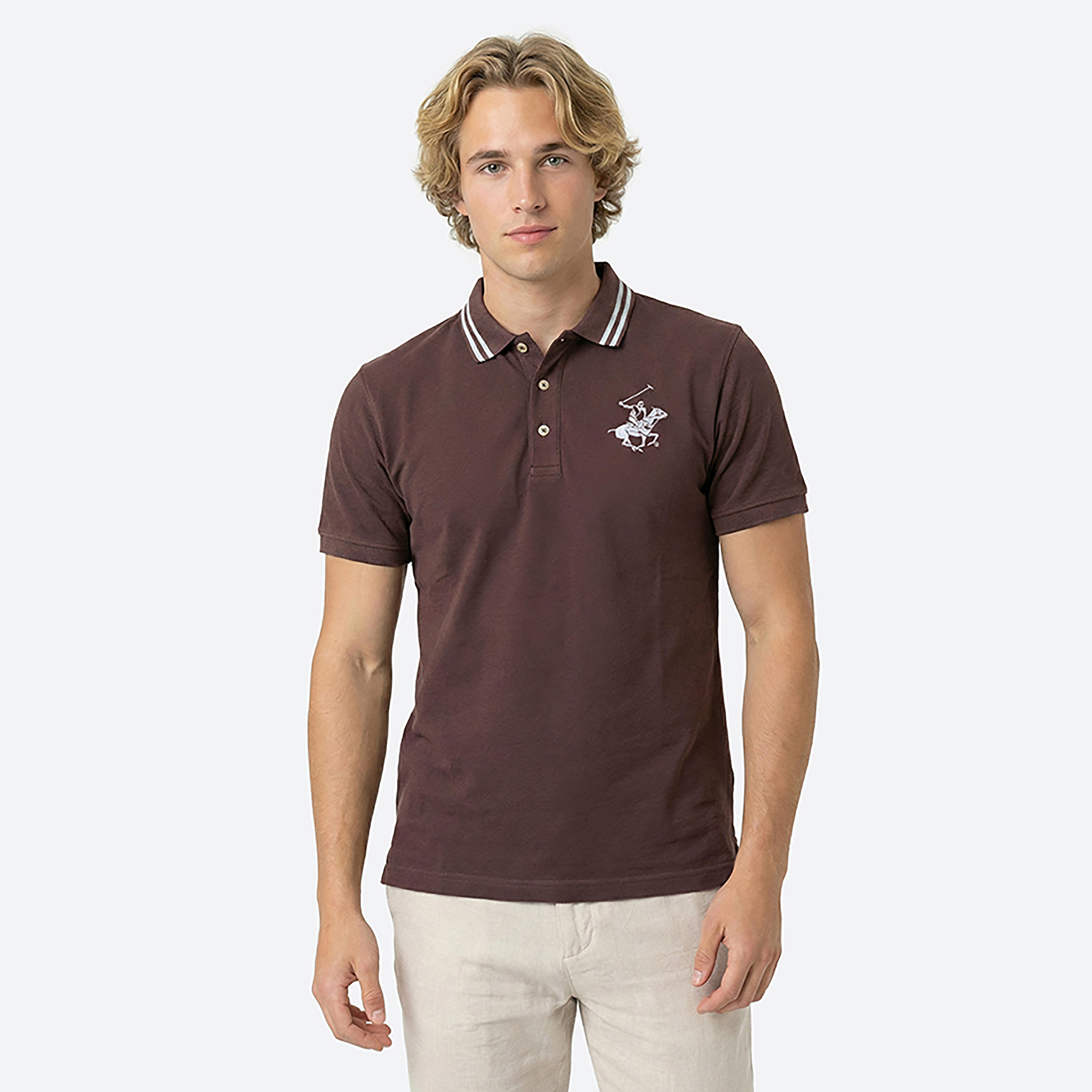 تيشيرت بولو رجالي سادة بأكمام قصيرة وياقة متباينة اللون من بيفرلي هيلز بولو كلوب-men-clothing-tshirtsandpolos-polos-image-1